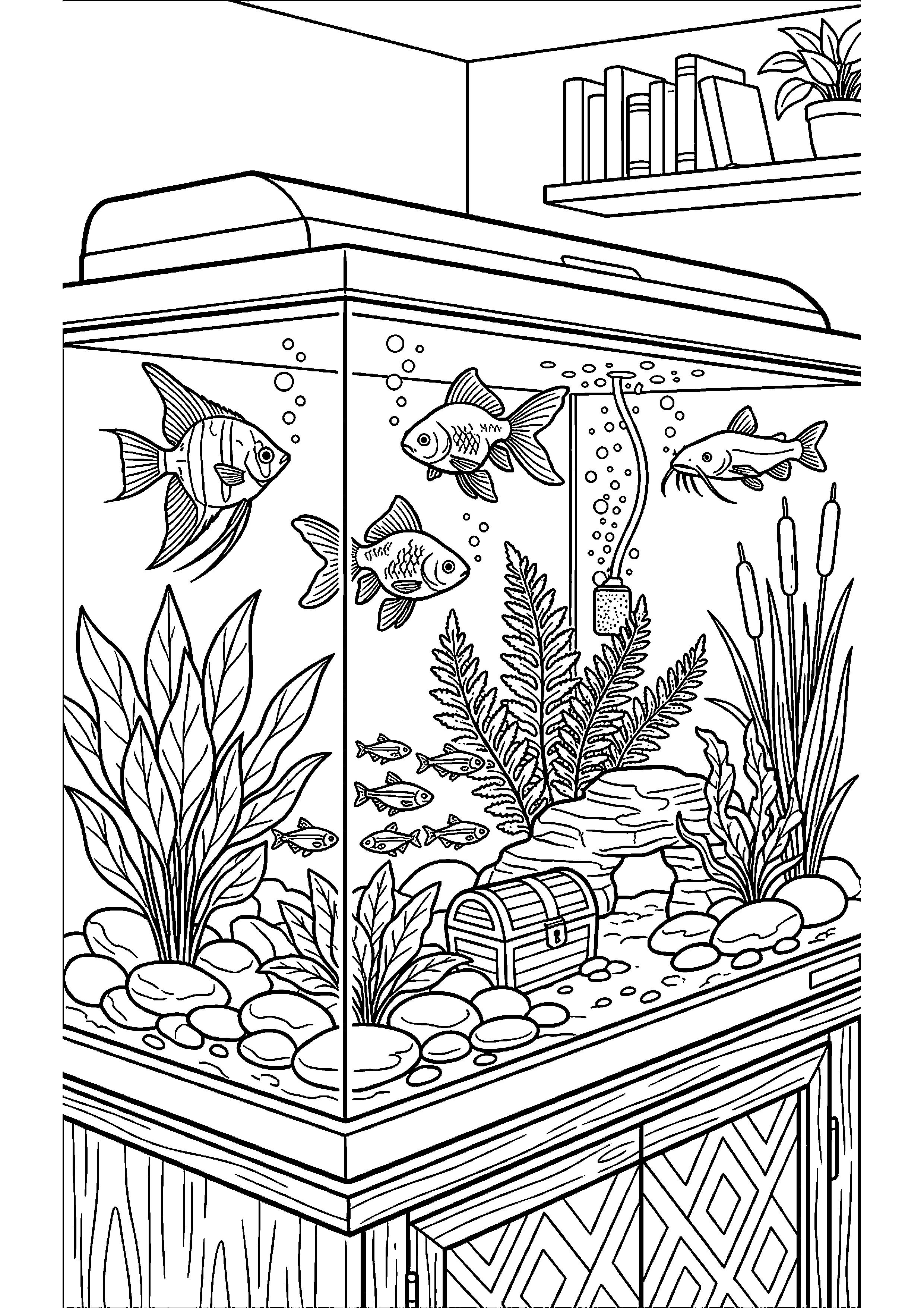 Aquarium met vissen, planten en stenen kleurplaat — gratis kleurplaat