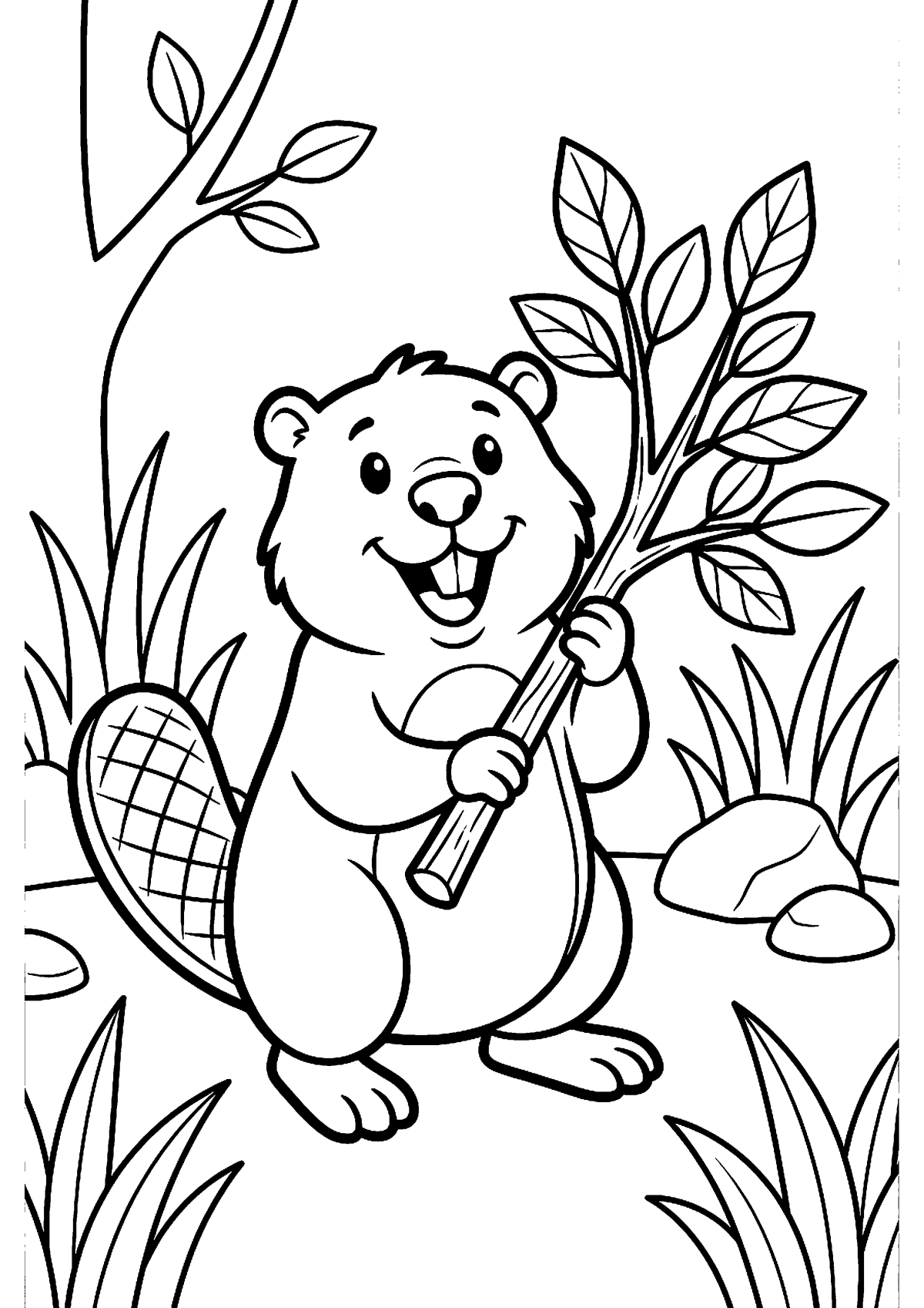 Bever met tak kleurplaat — gratis kleurplaat