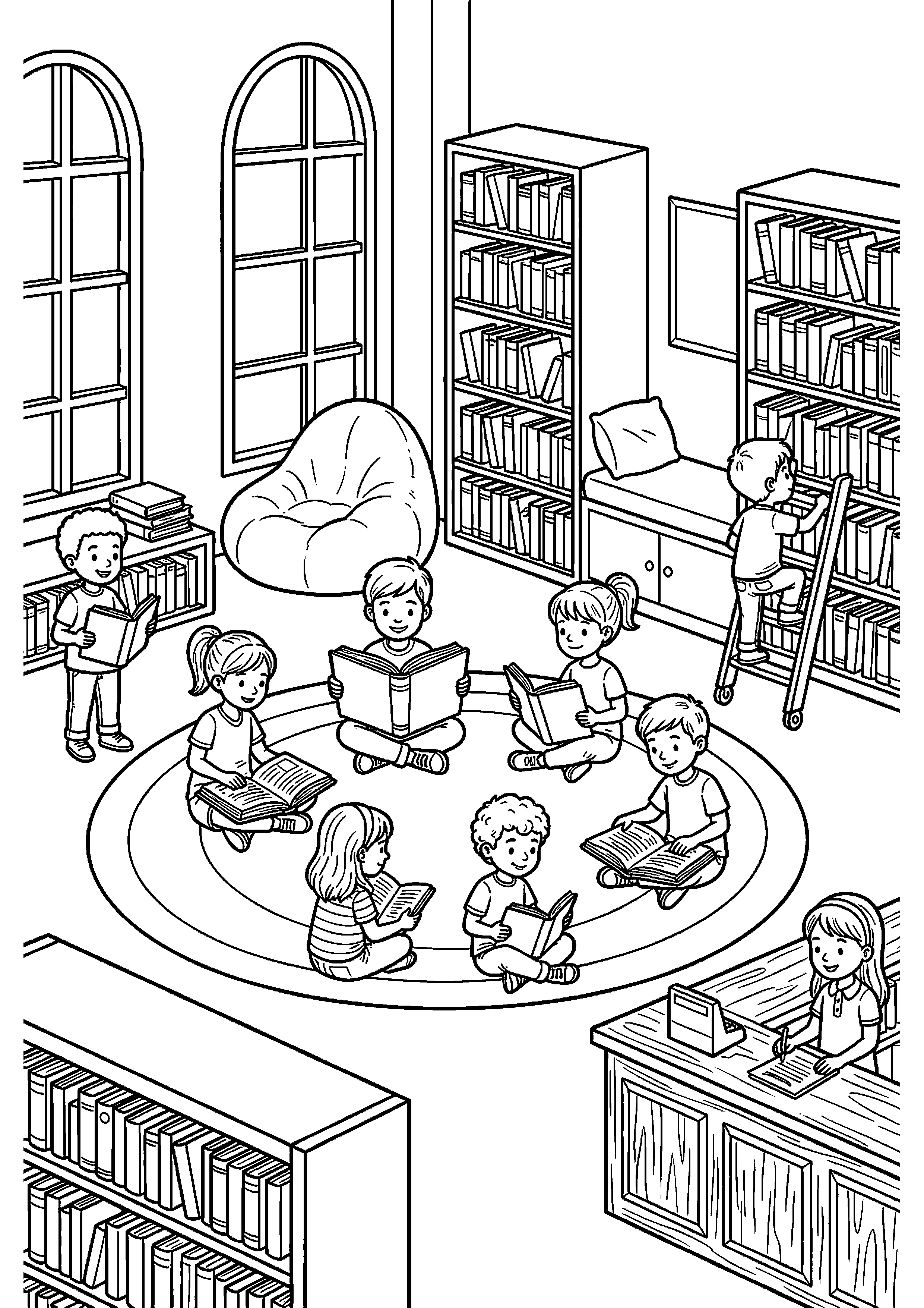 Bibliotheek vol kinderen met boeken kleurplaat
