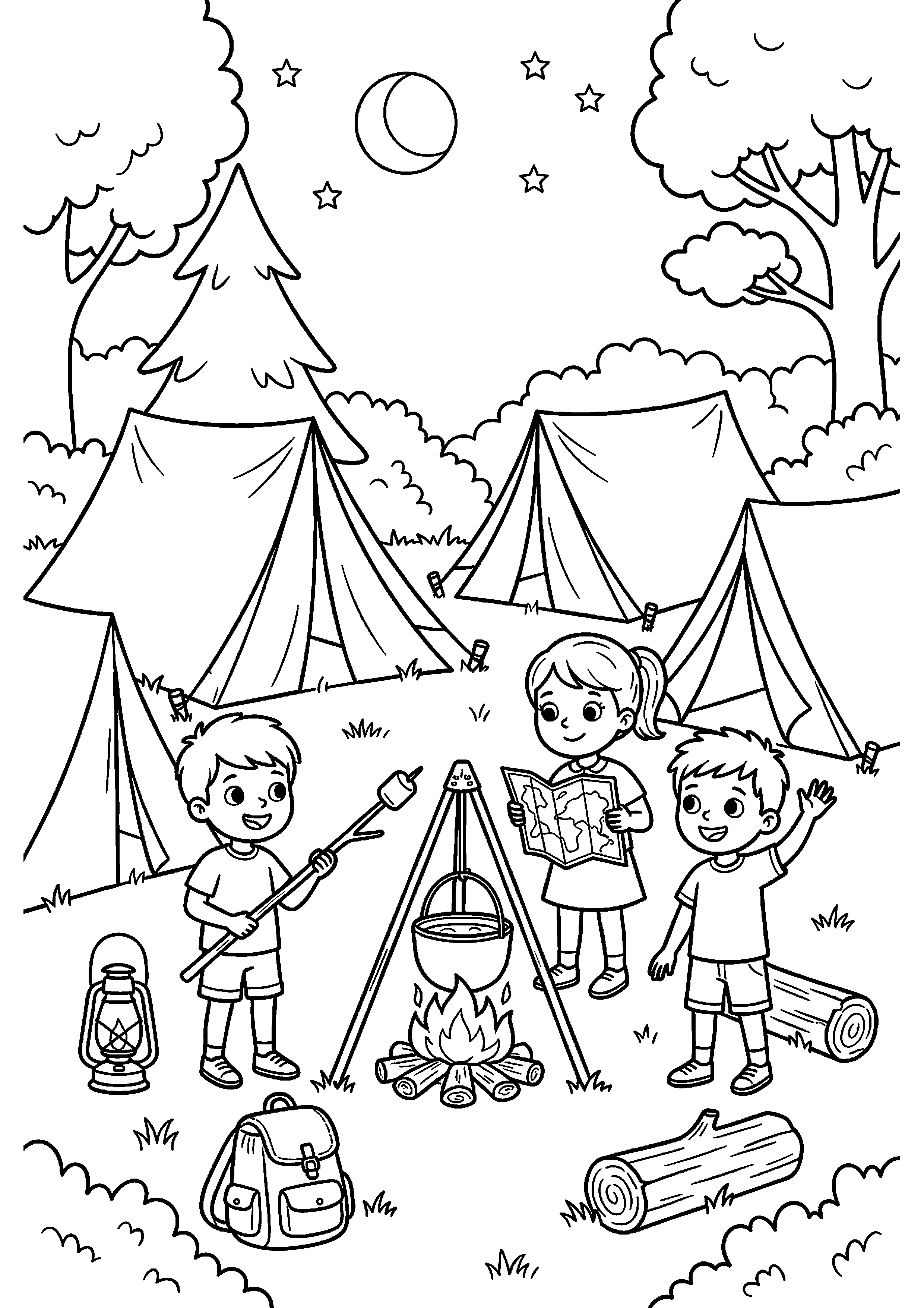 Camping met tenten en kinderen kleurplaat — gratis kleurplaat