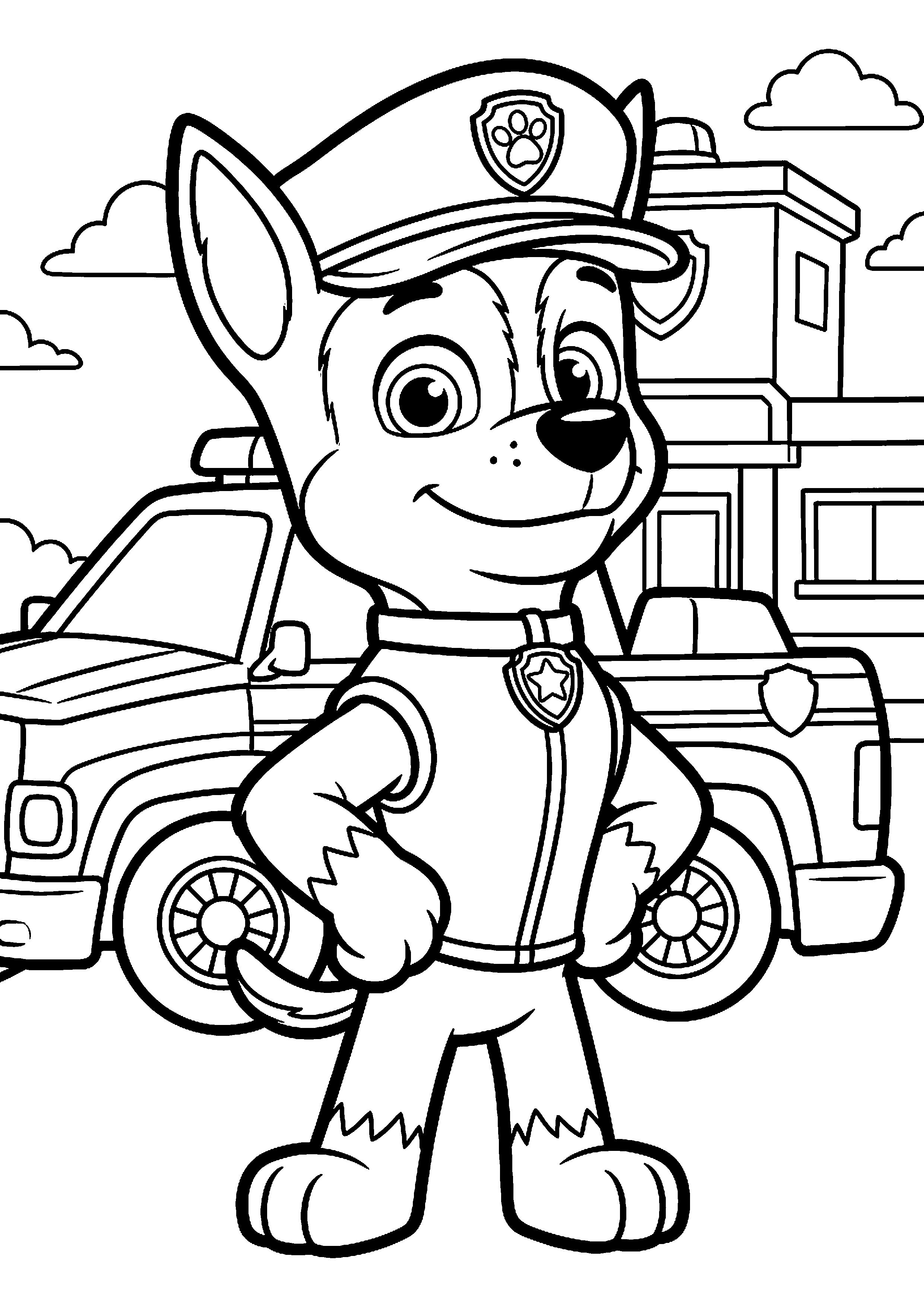 Chase staat trots met politiepet kleurplaat