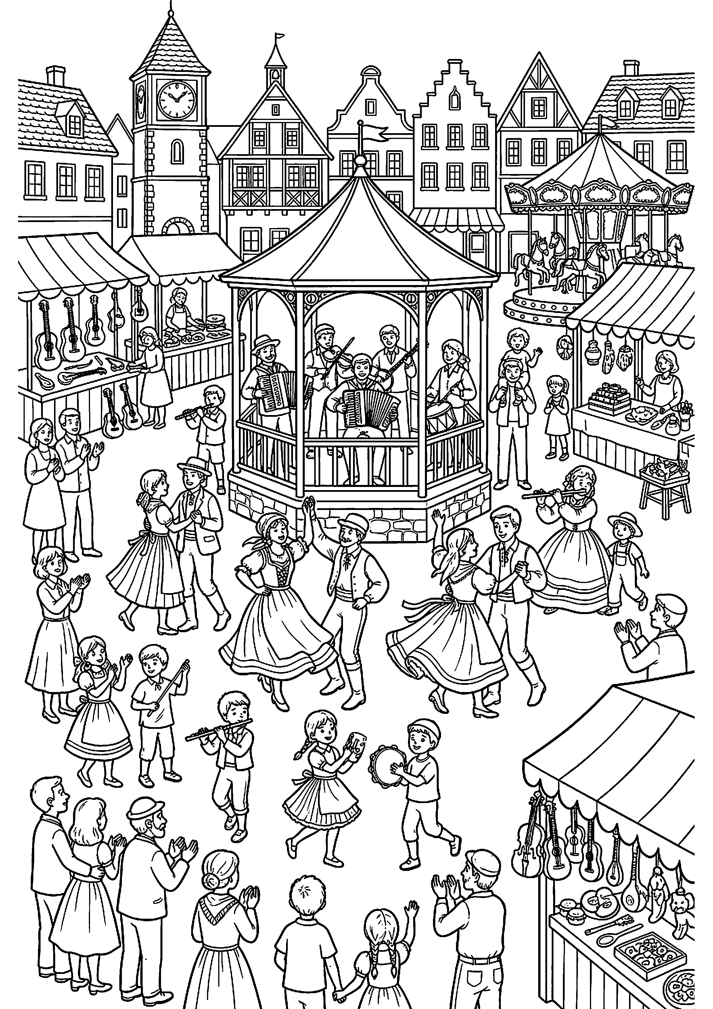 Druk plein met muziek en dans kleurplaat