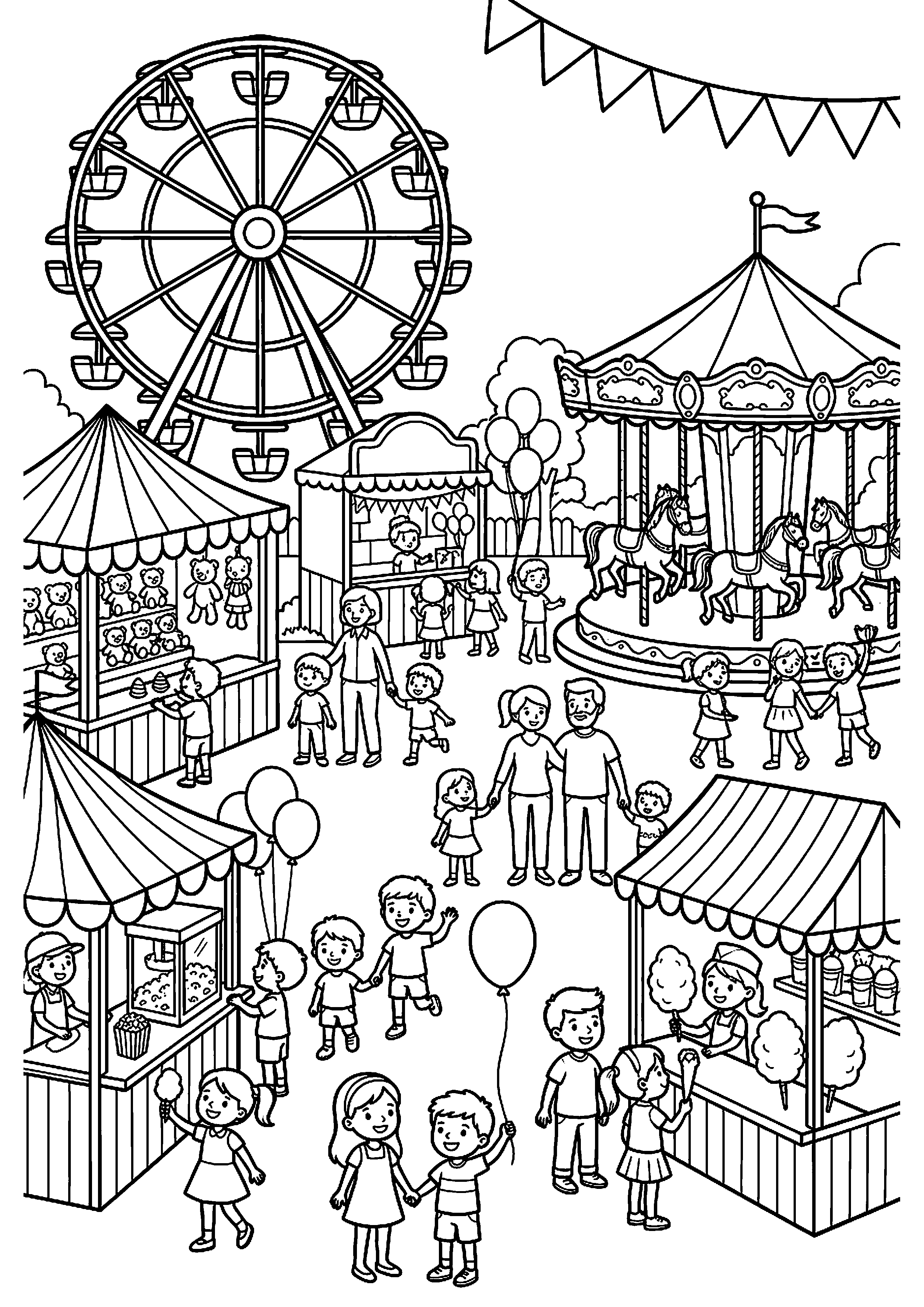 Drukke kermis met attracties en kraampjes kleurplaat — gratis kleurplaat
