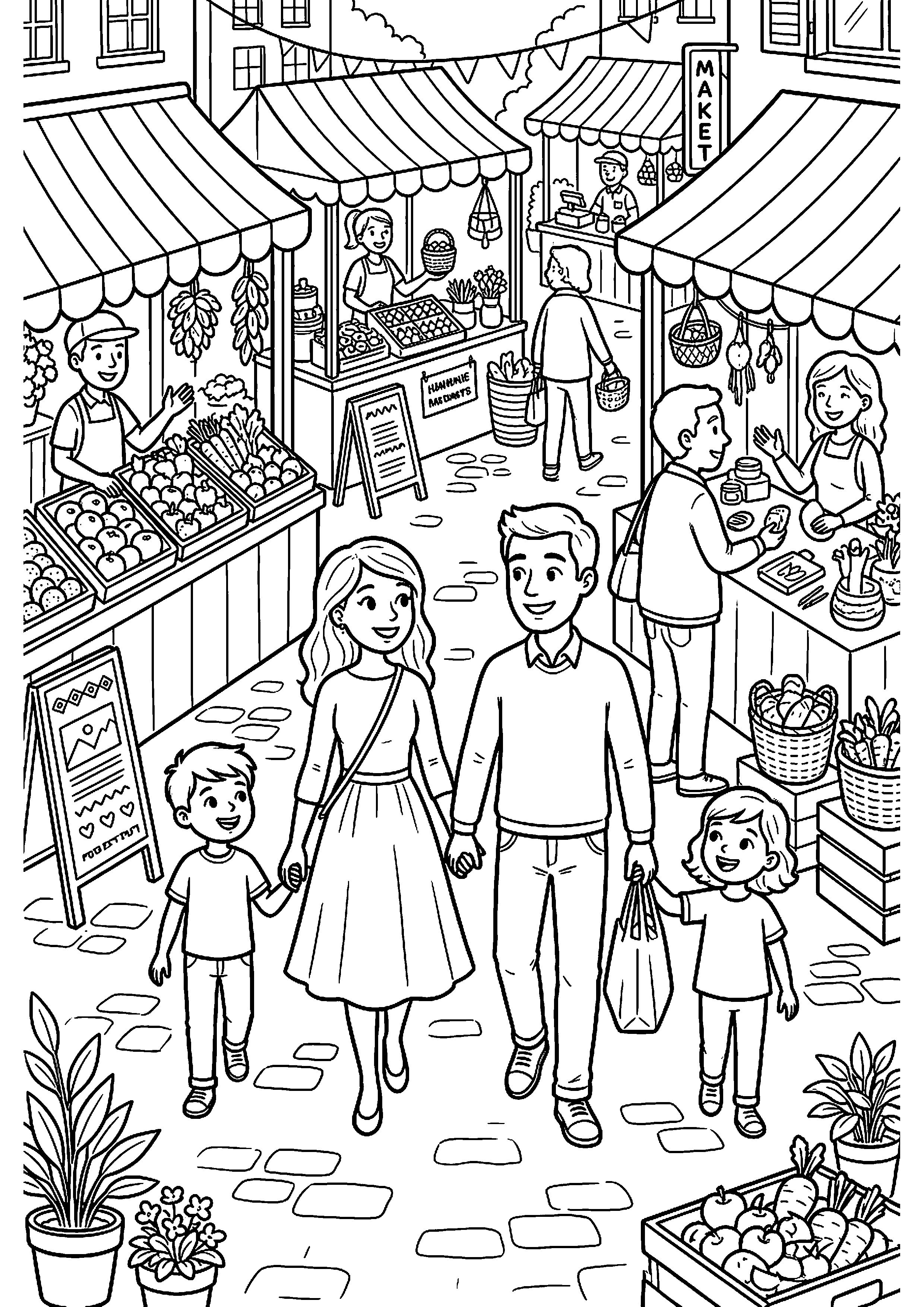 Familie wandelt over markt kleurplaat — gratis kleurplaat