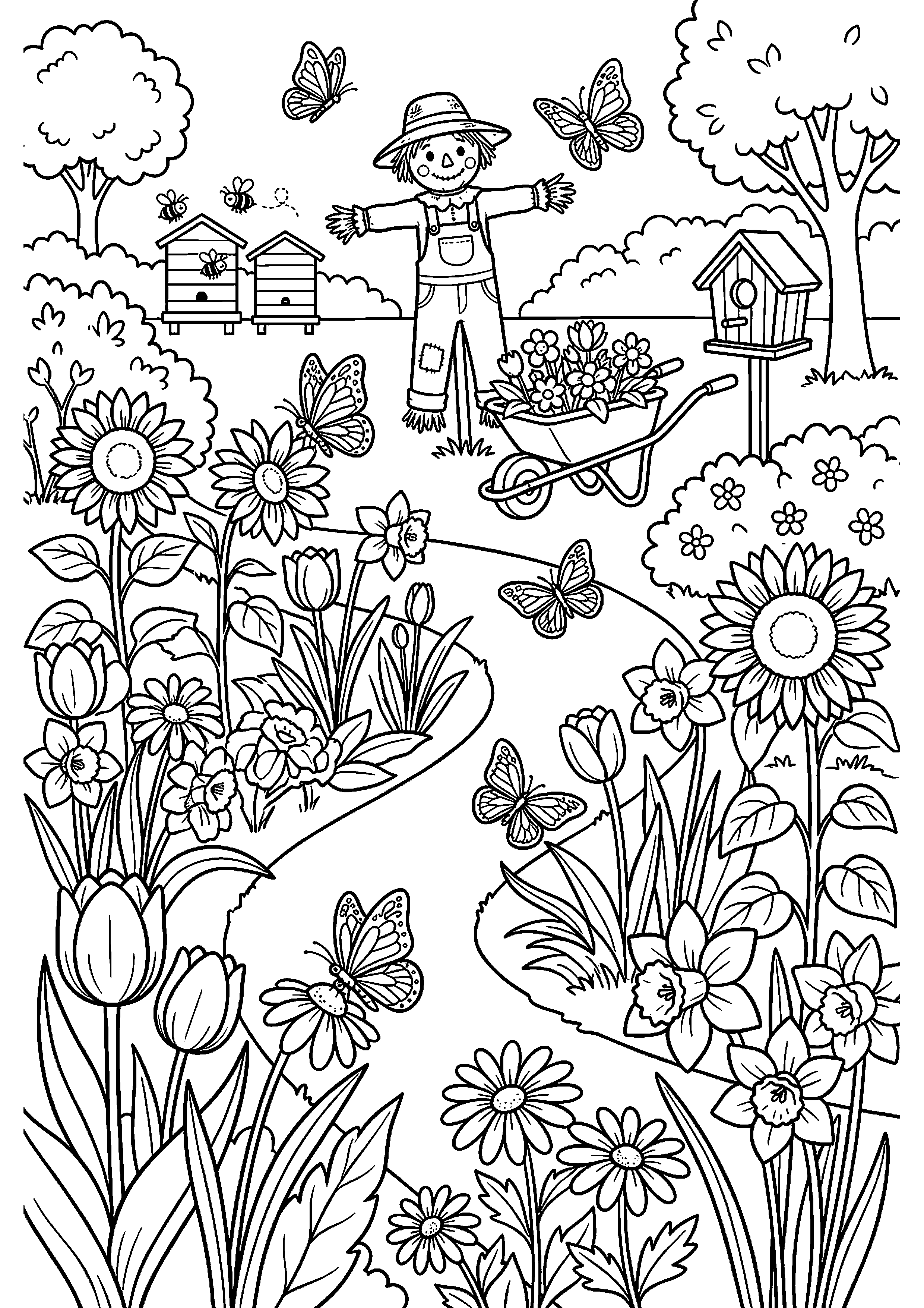 Grote lentetuin met bloemen en vlinders kleurplaat — gratis kleurplaat printen