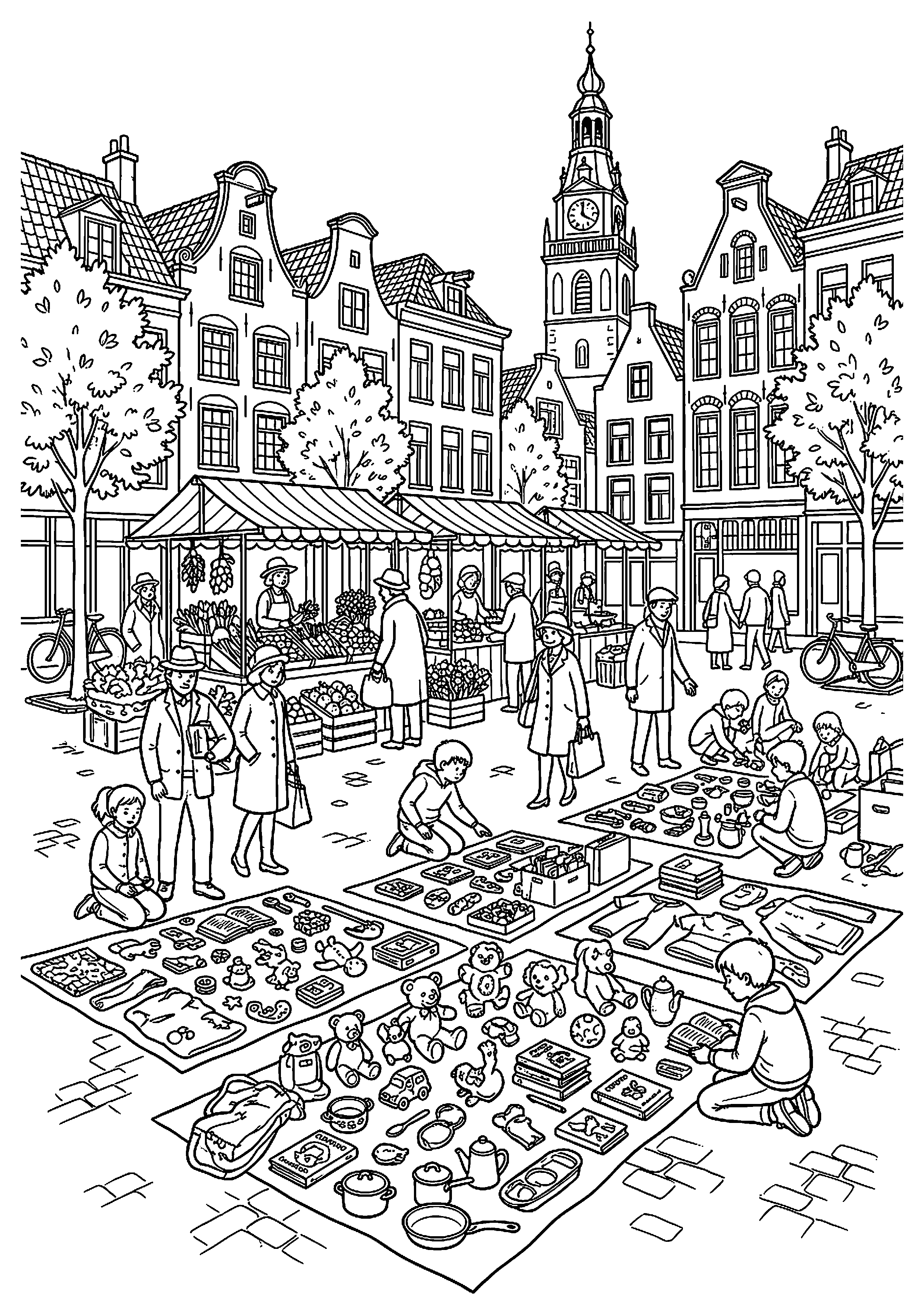 Grote markt met kleedjes en mensen kleurplaat — gratis kleurplaat