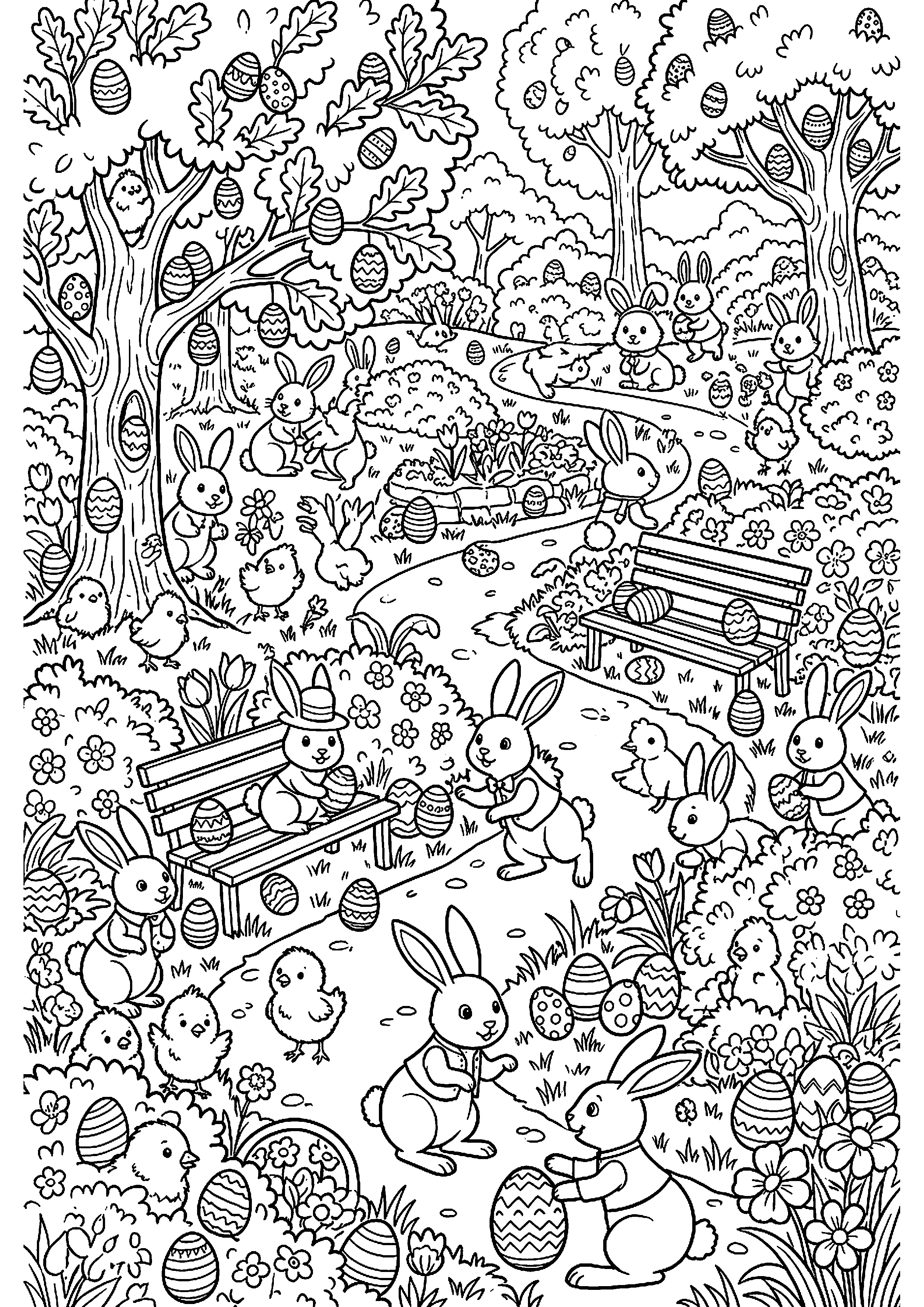 Grote paaseierenjacht in park met konijnen en kuikens kleurplaat