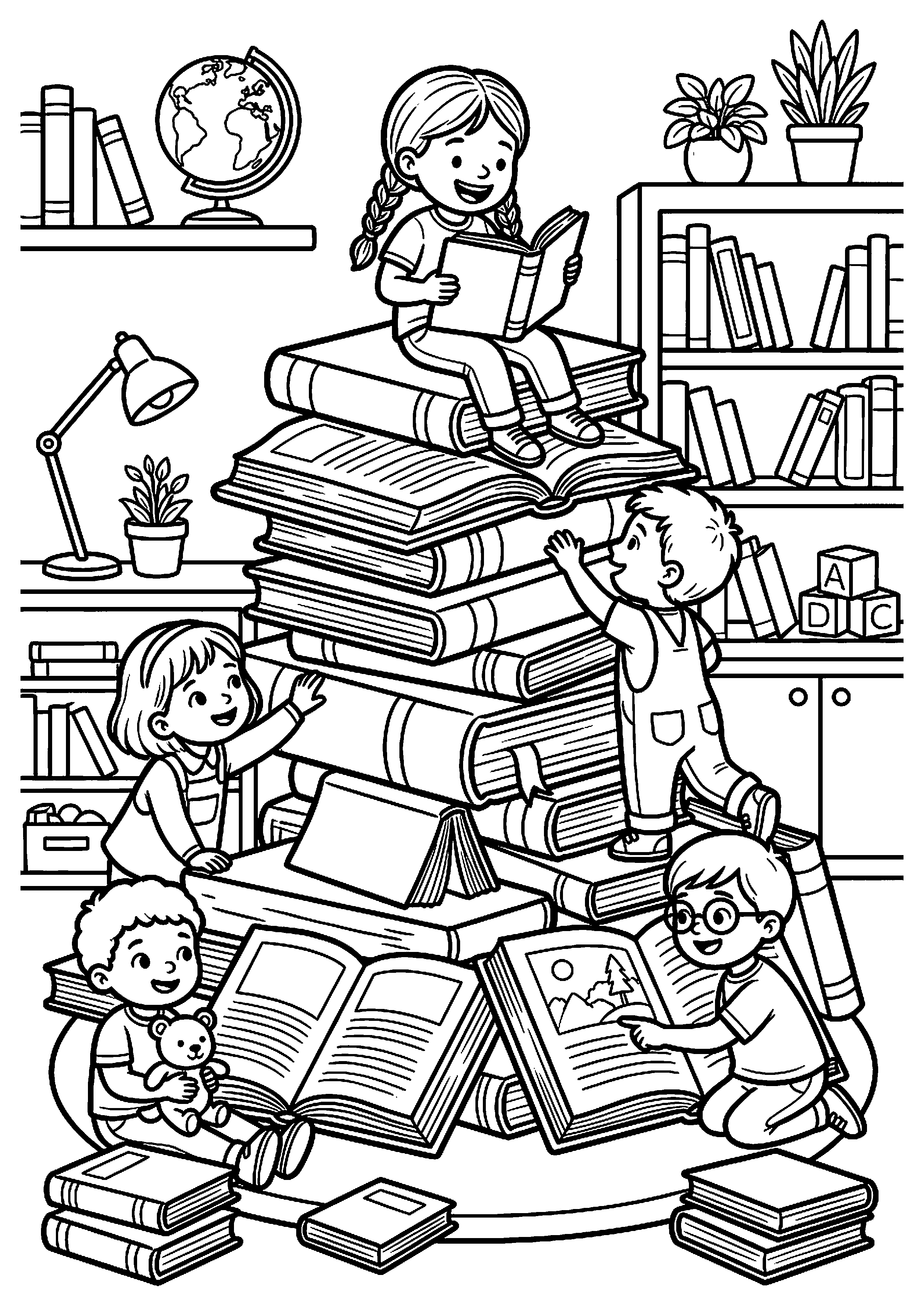 Grote stapel boeken met kinderen eromheen kleurplaat — gratis kleurplaat