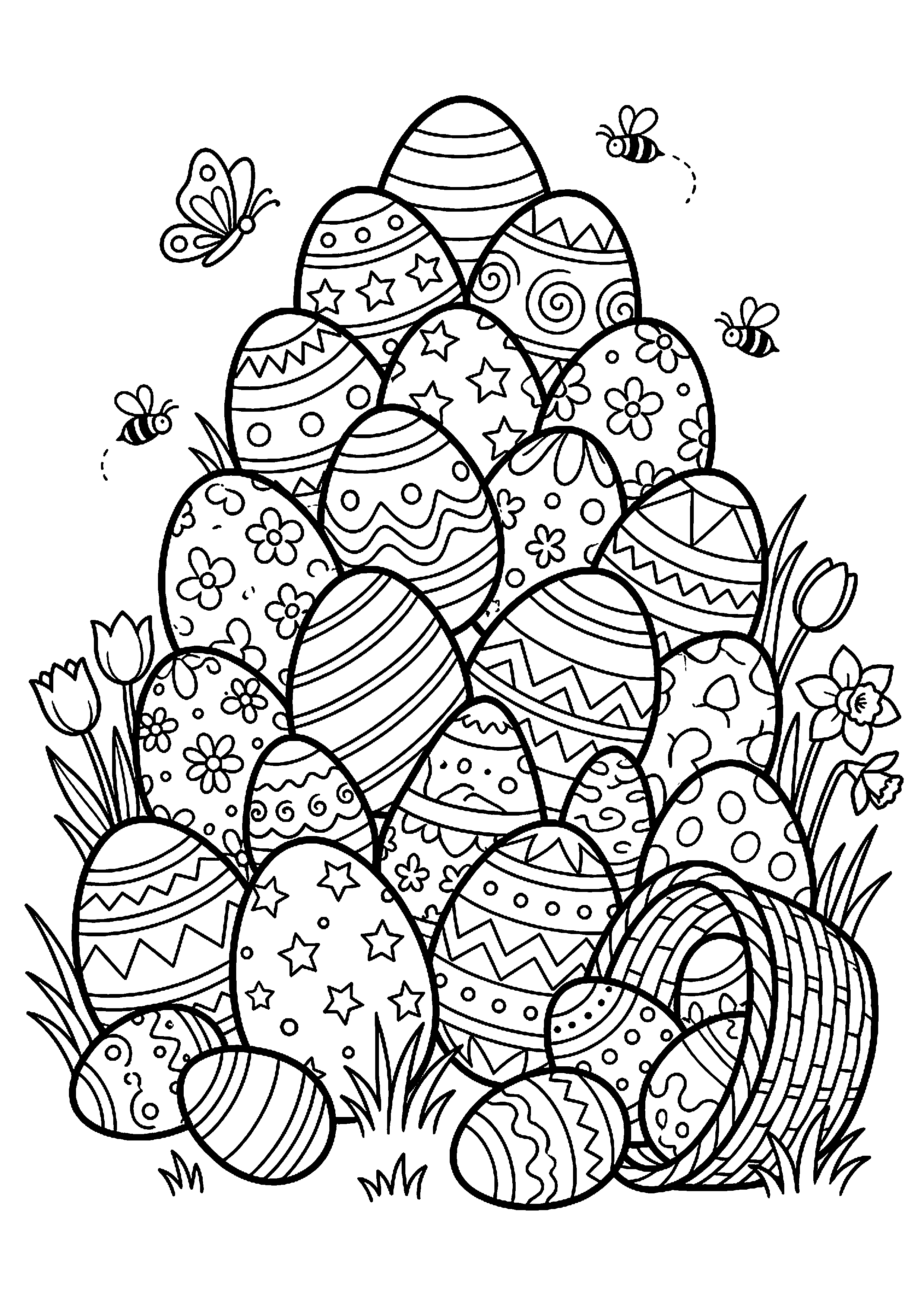Grote stapel versierde paaseieren kleurplaat
