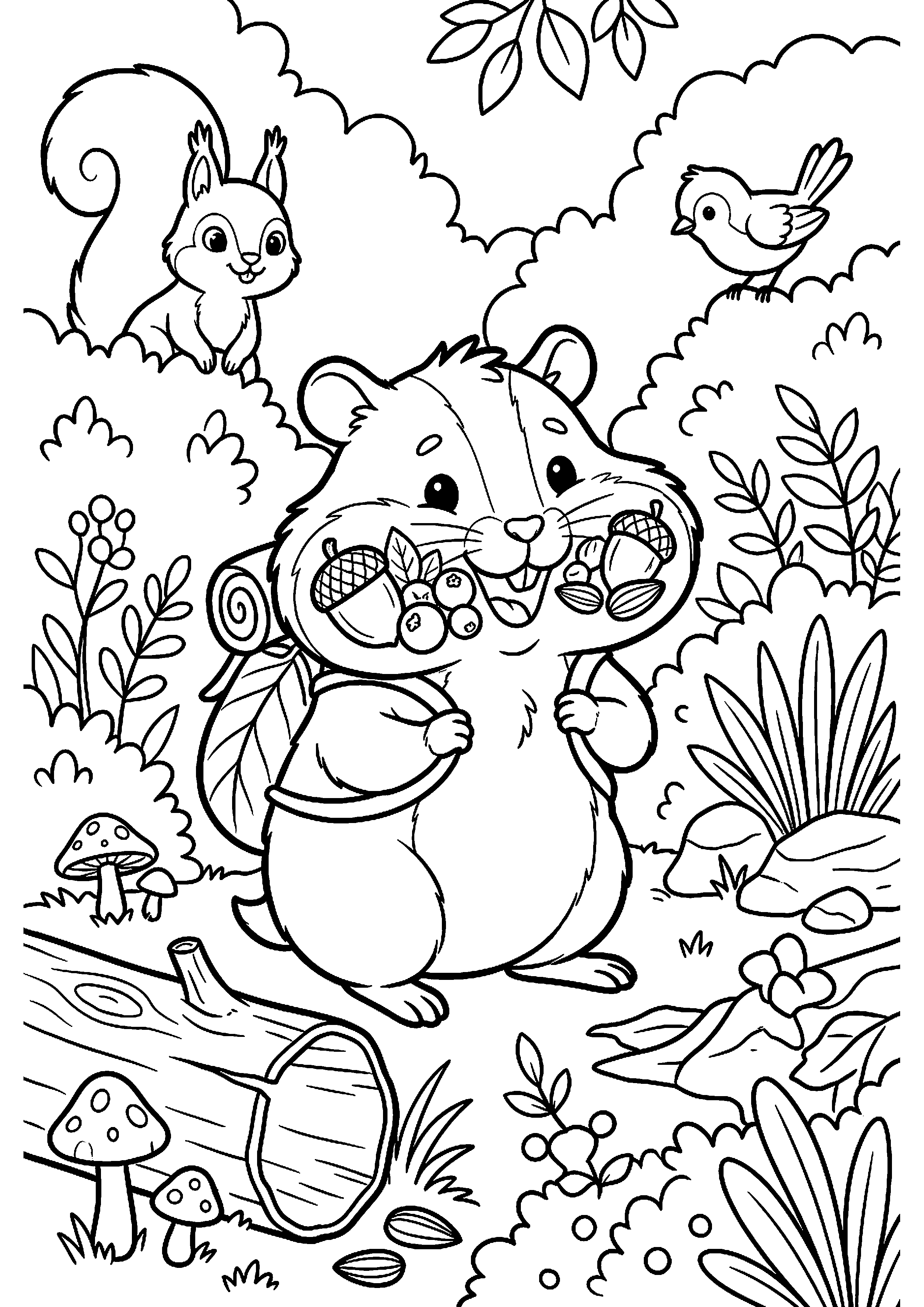 Hamster verzamelt eten kleurplaat — gratis kleurplaat printen