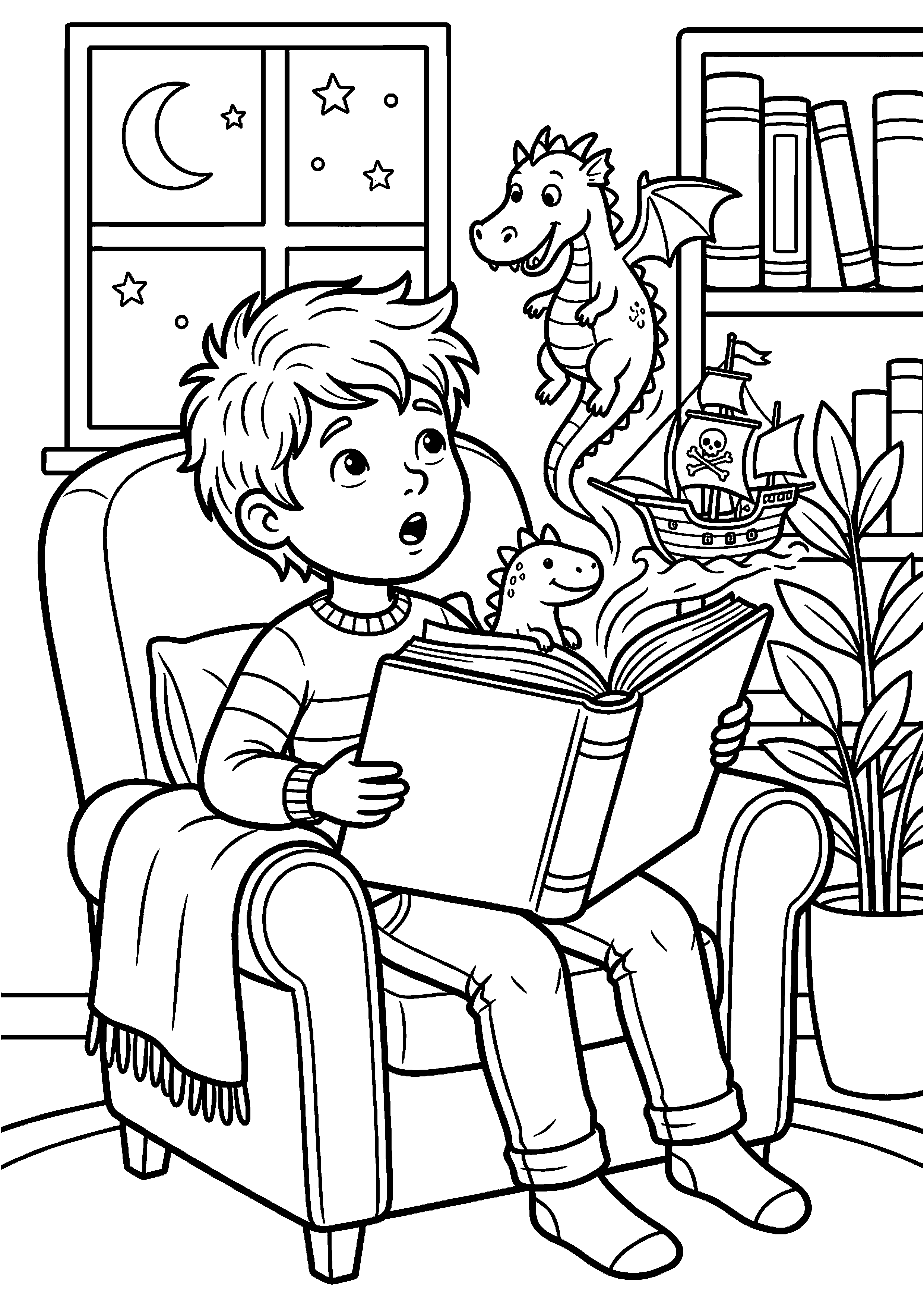 Jongen leest een spannend boek kleurplaat — gratis kleurplaat