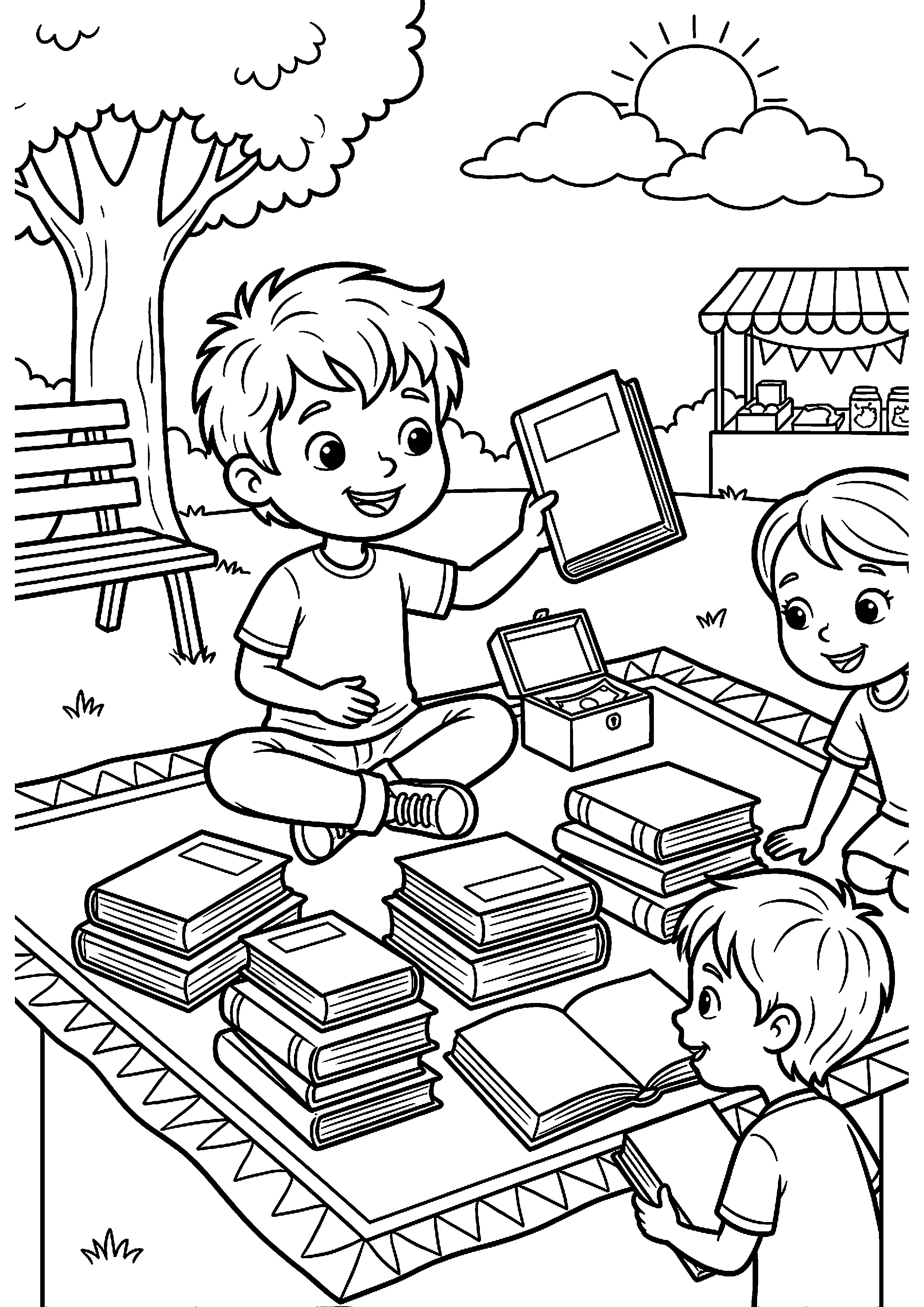 Jongen verkoopt boeken op kleedje kleurplaat — gratis kleurplaat