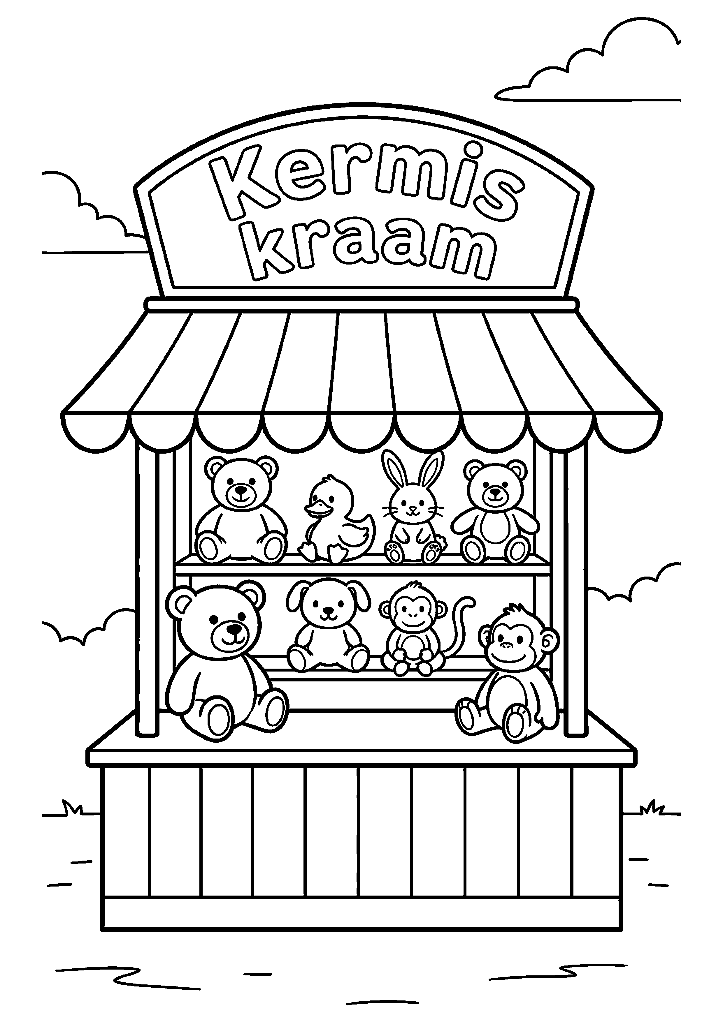 Kermis kraam met knuffels kleurplaat — gratis kleurplaat