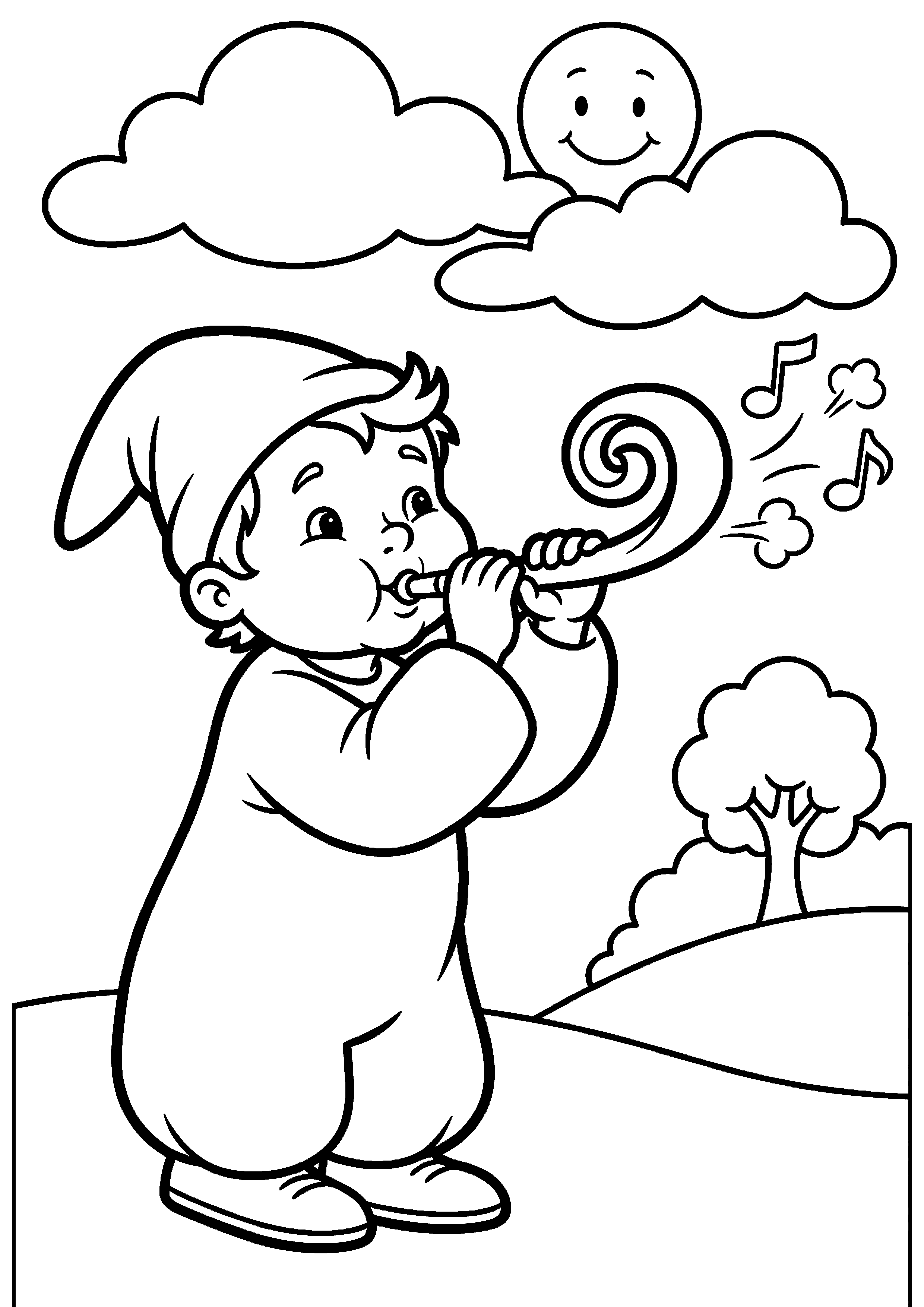 Kind blaast op toeter kleurplaat — gratis kleurplaat