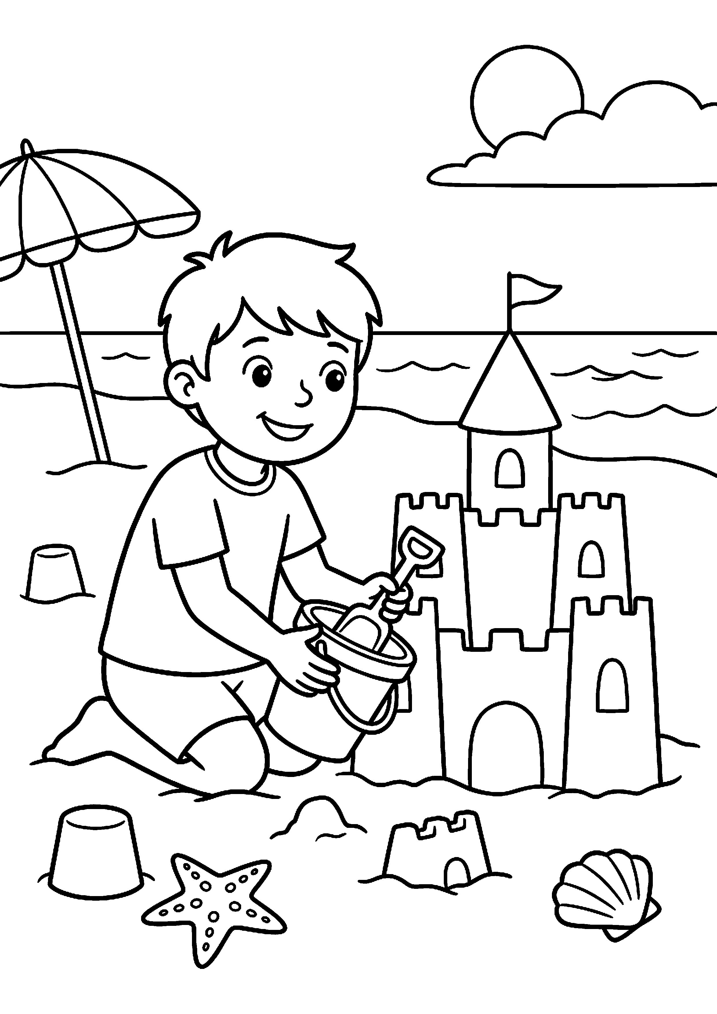 Kind bouwt zandkasteel kleurplaat — gratis kleurplaat printen