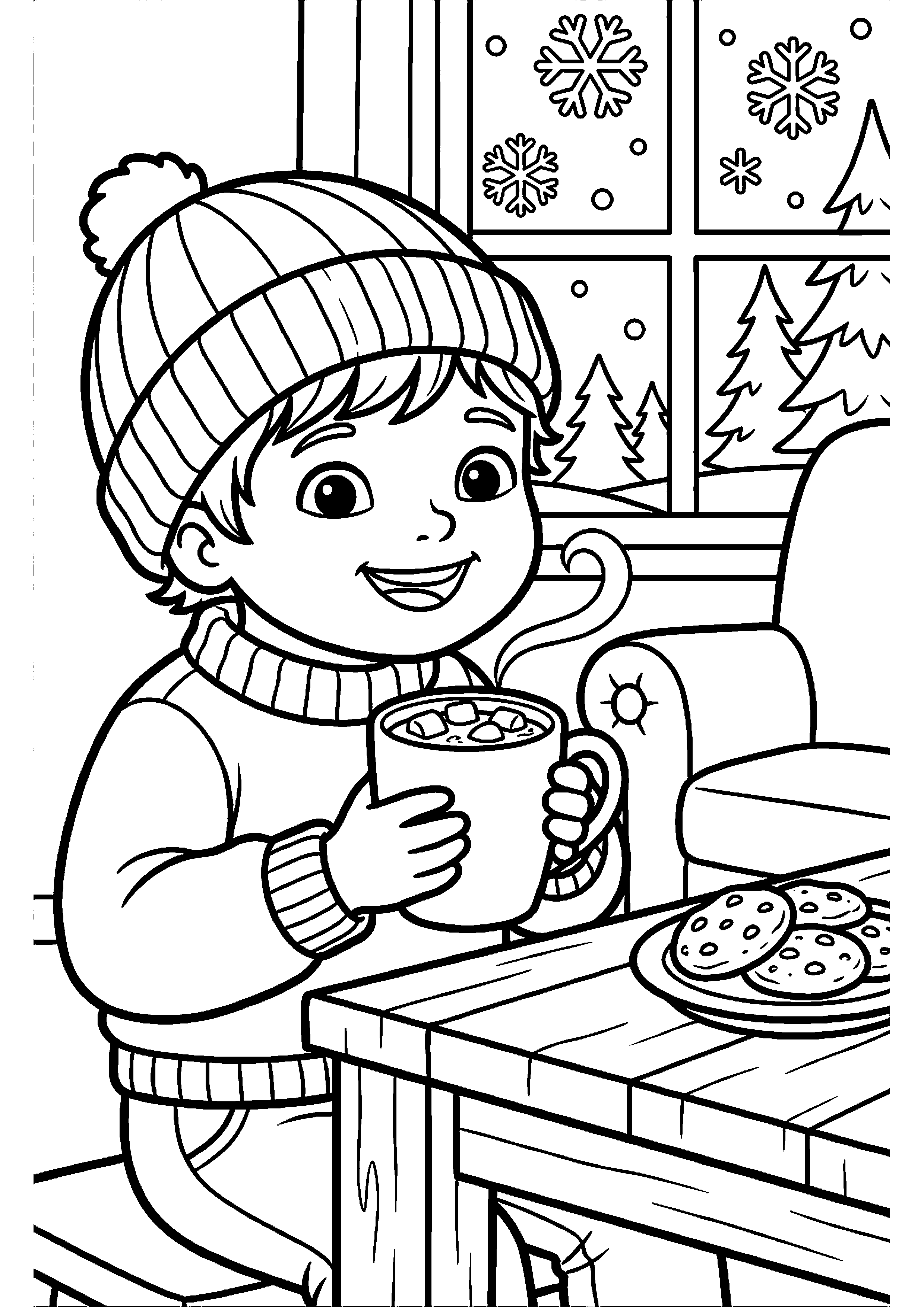 Kind drinkt warme chocolademelk kleurplaat — gratis kleurplaat