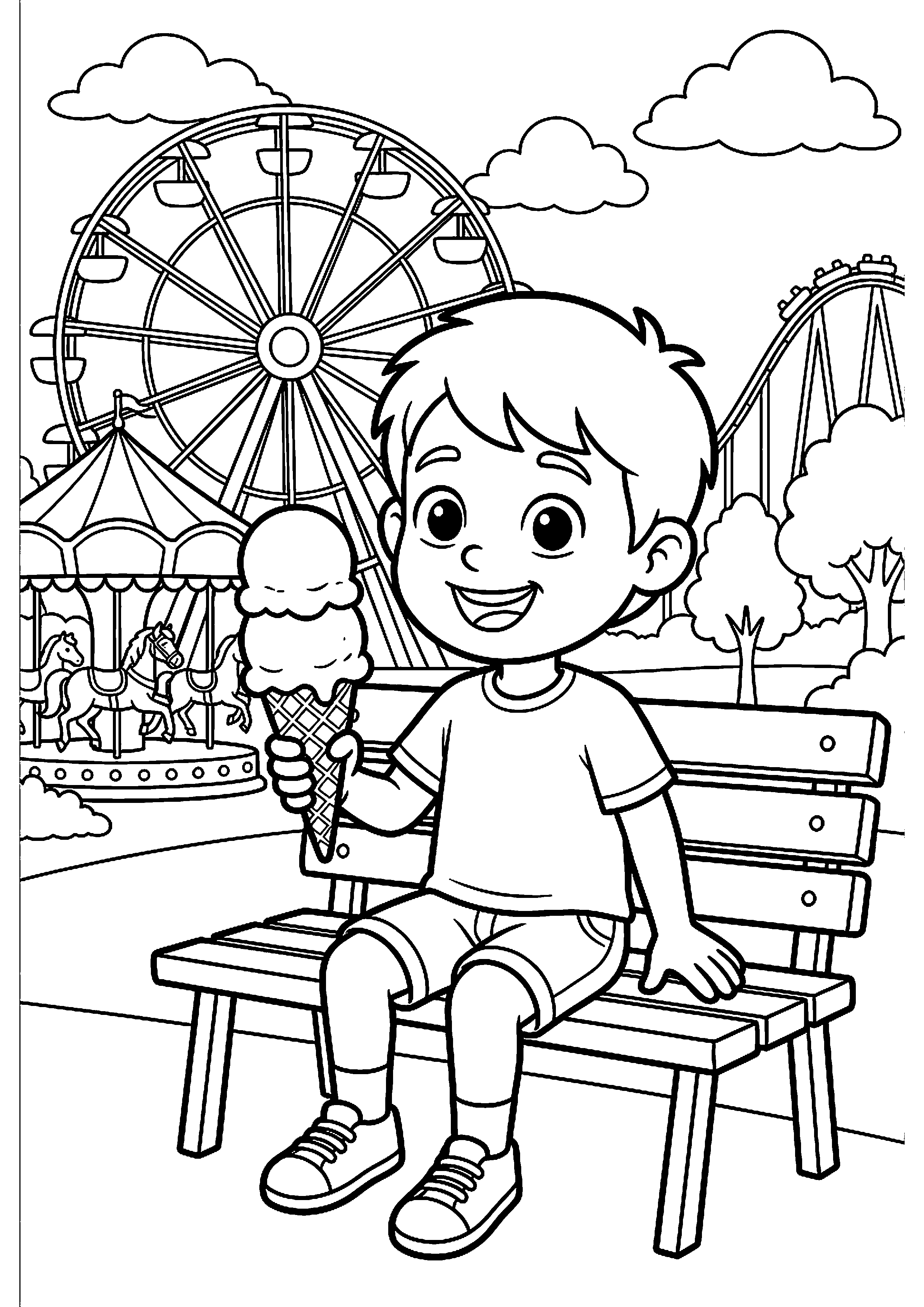 Kind eet ijsje in pretpark kleurplaat — gratis kleurplaat printen