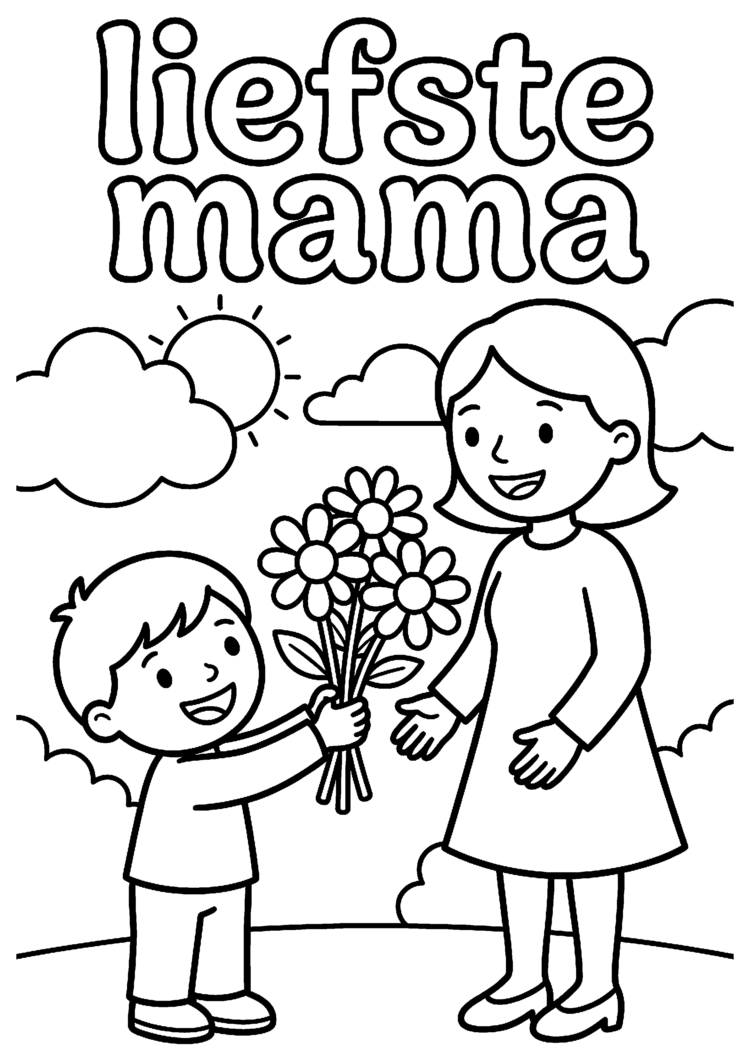 Kind geeft bloemen aan moeder met tekst liefs voor mama kleurplaat — gratis kleurplaat printen