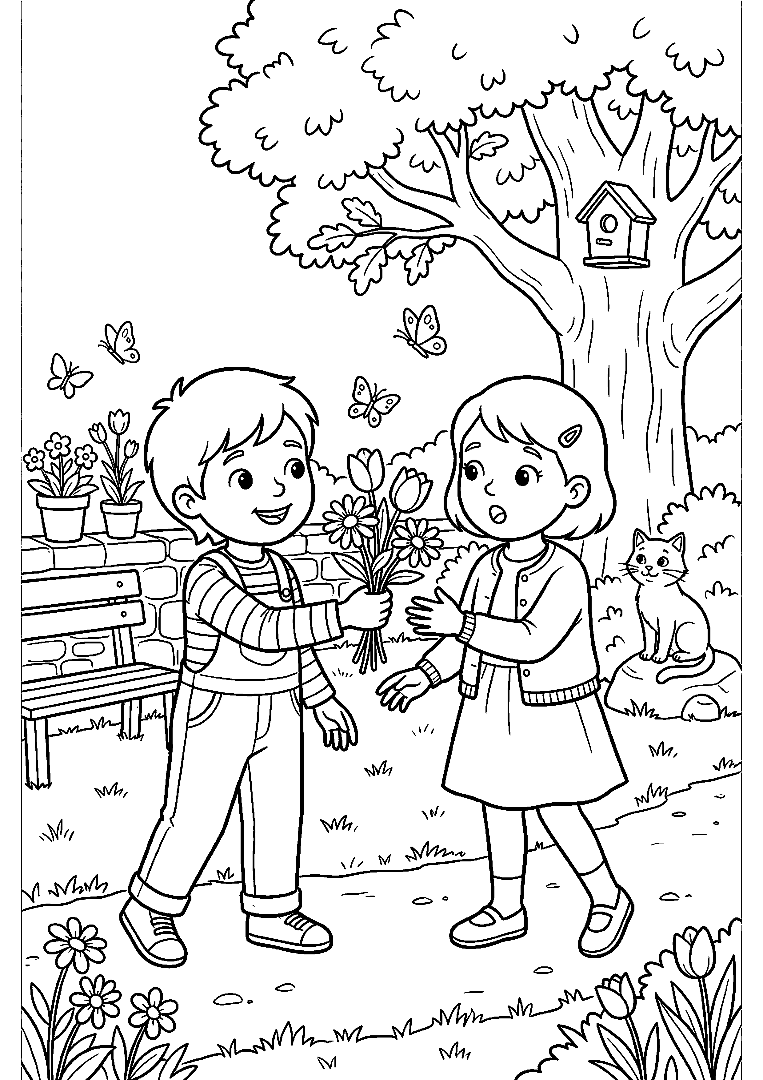 Kind geeft bloemen aan vriendje kleurplaat — gratis kleurplaat printen