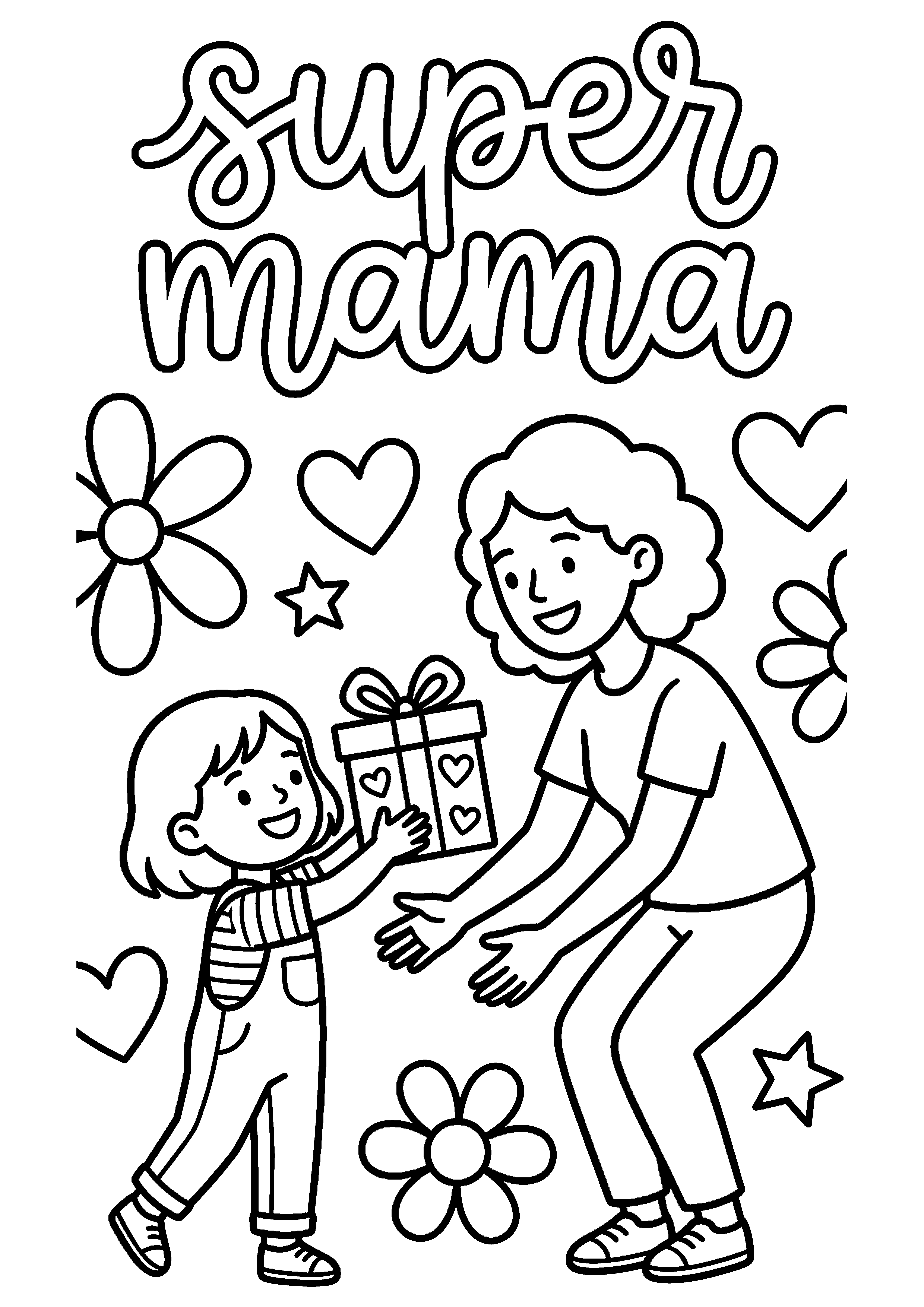 Kind geeft cadeau aan moeder met tekst super mama kleurplaat — gratis kleurplaat printen