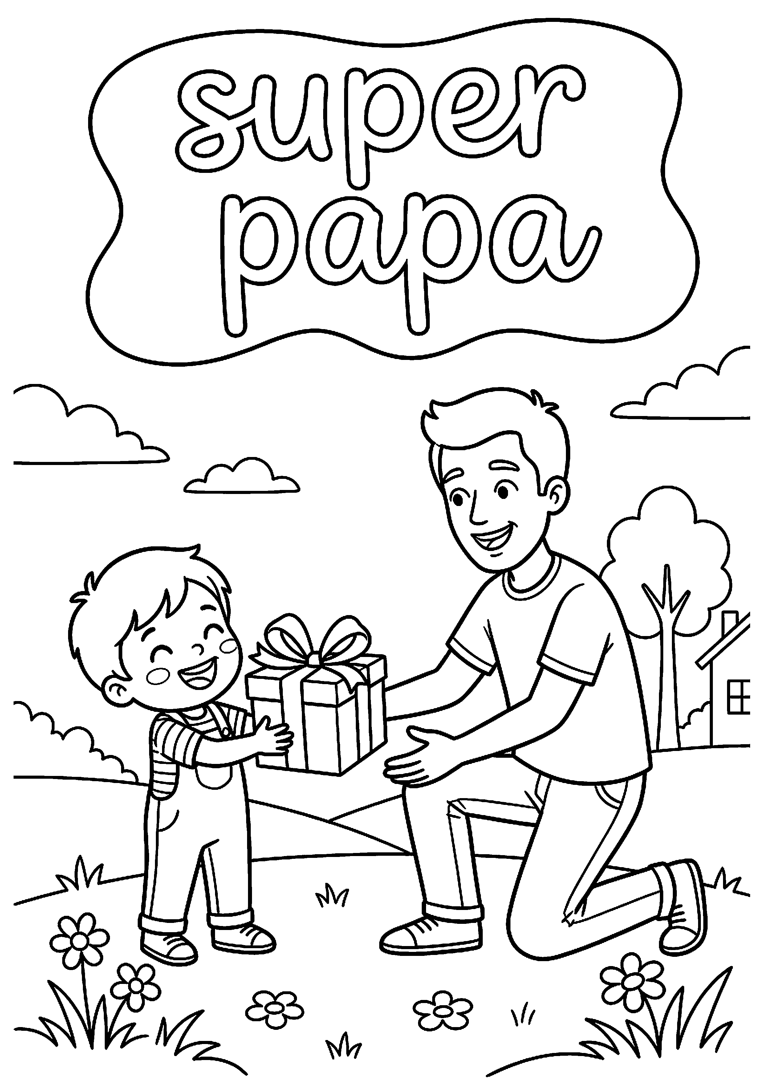 Kind geeft cadeau aan vader met tekst super papa kleurplaat — gratis kleurplaat printen
