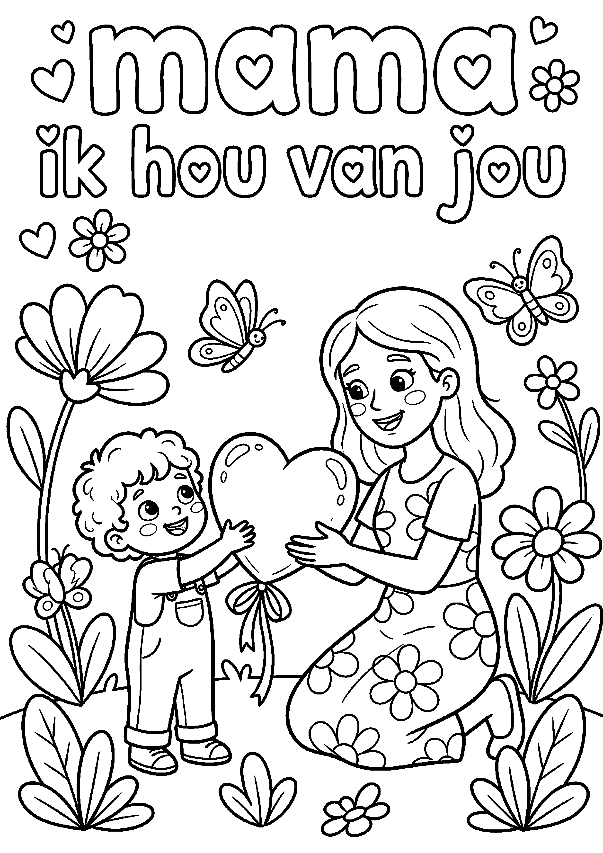 Kind geeft groot hart aan moeder met tekst mama kleurplaat — gratis kleurplaat printen