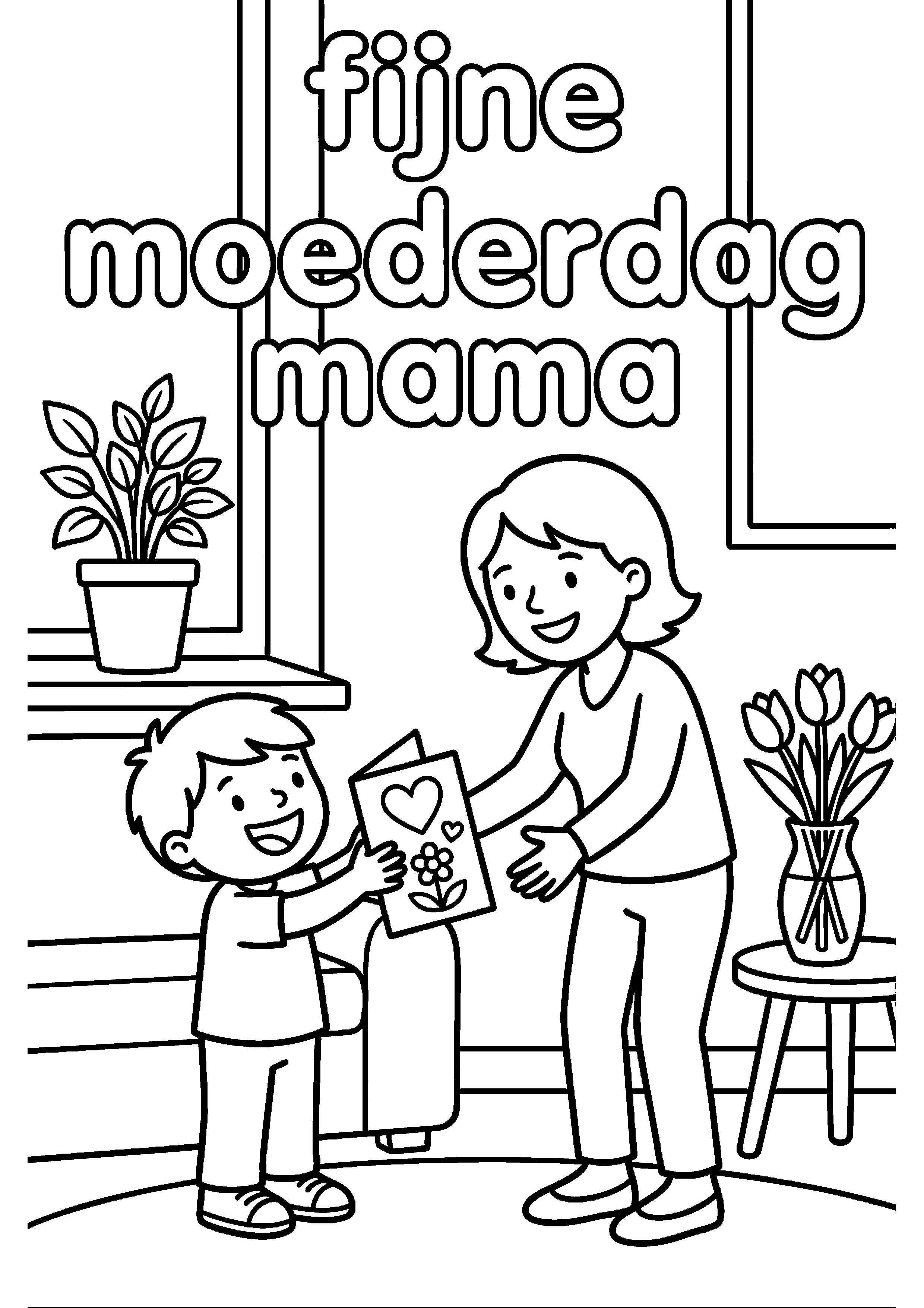 Kind geeft kaart aan moeder met tekst fijne moederdag kleurplaat — gratis kleurplaat printen