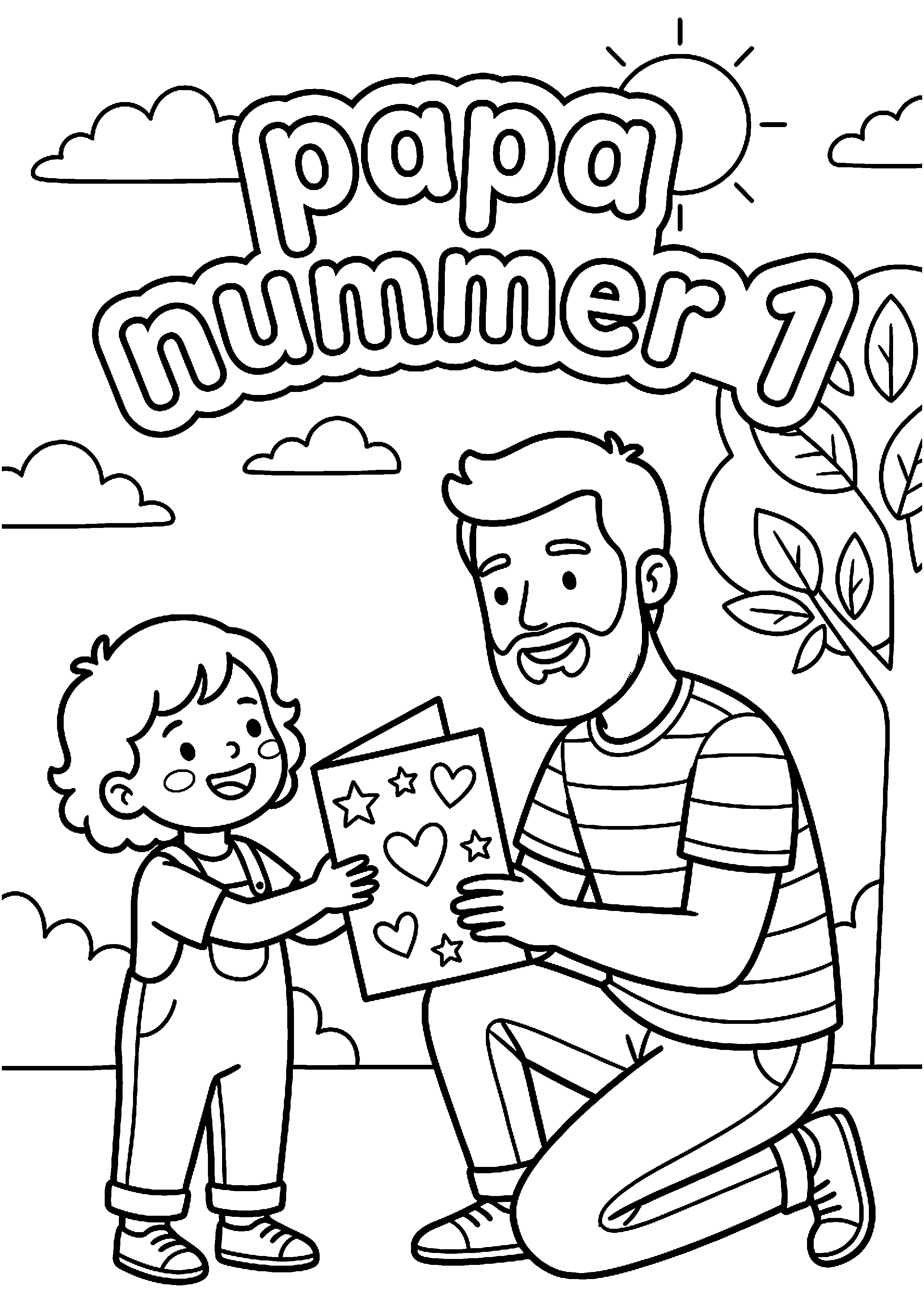 Kind geeft kaart aan vader met tekst papa nummer 1 kleurplaat — gratis kleurplaat printen