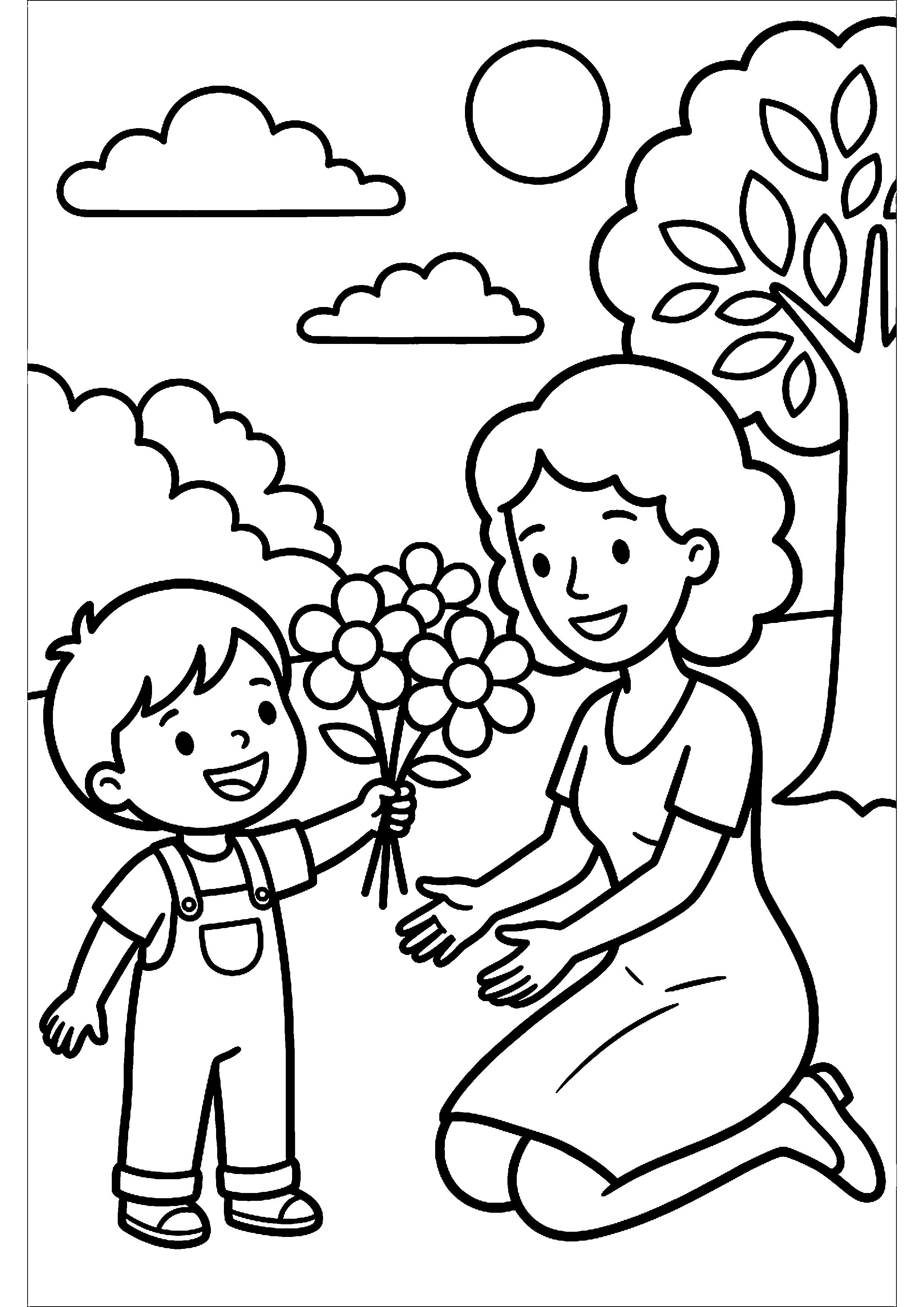 Kind geeft moeder bloemen kleurplaat — gratis kleurplaat printen