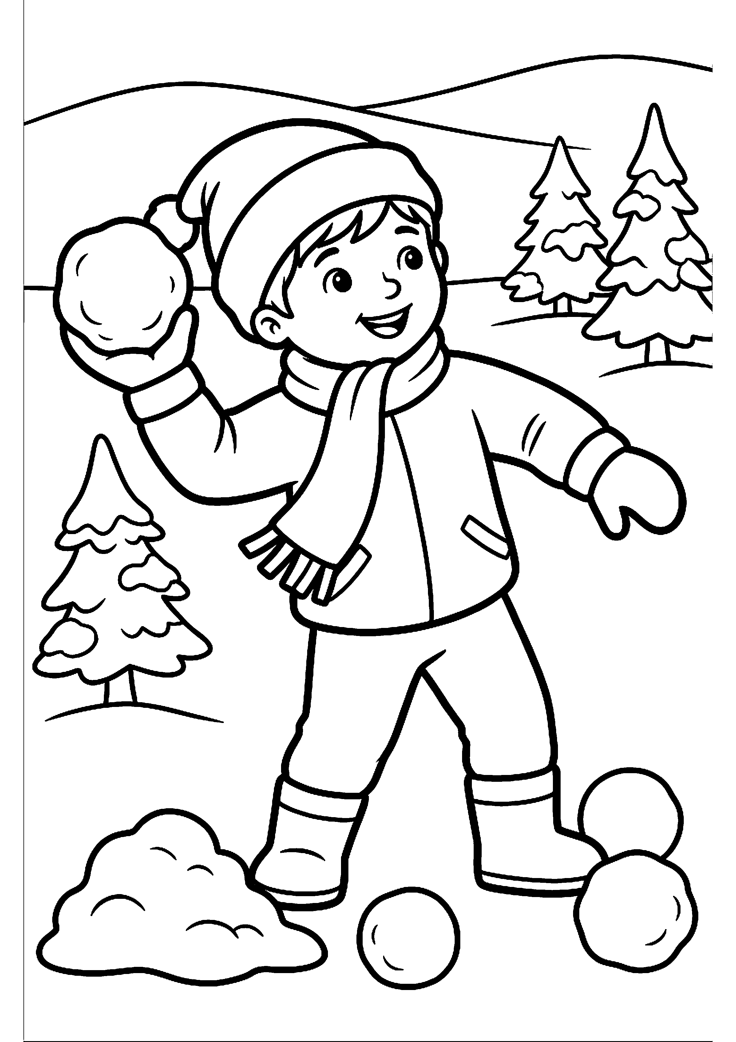 Kind gooit sneeuwbal kleurplaat — gratis kleurplaat