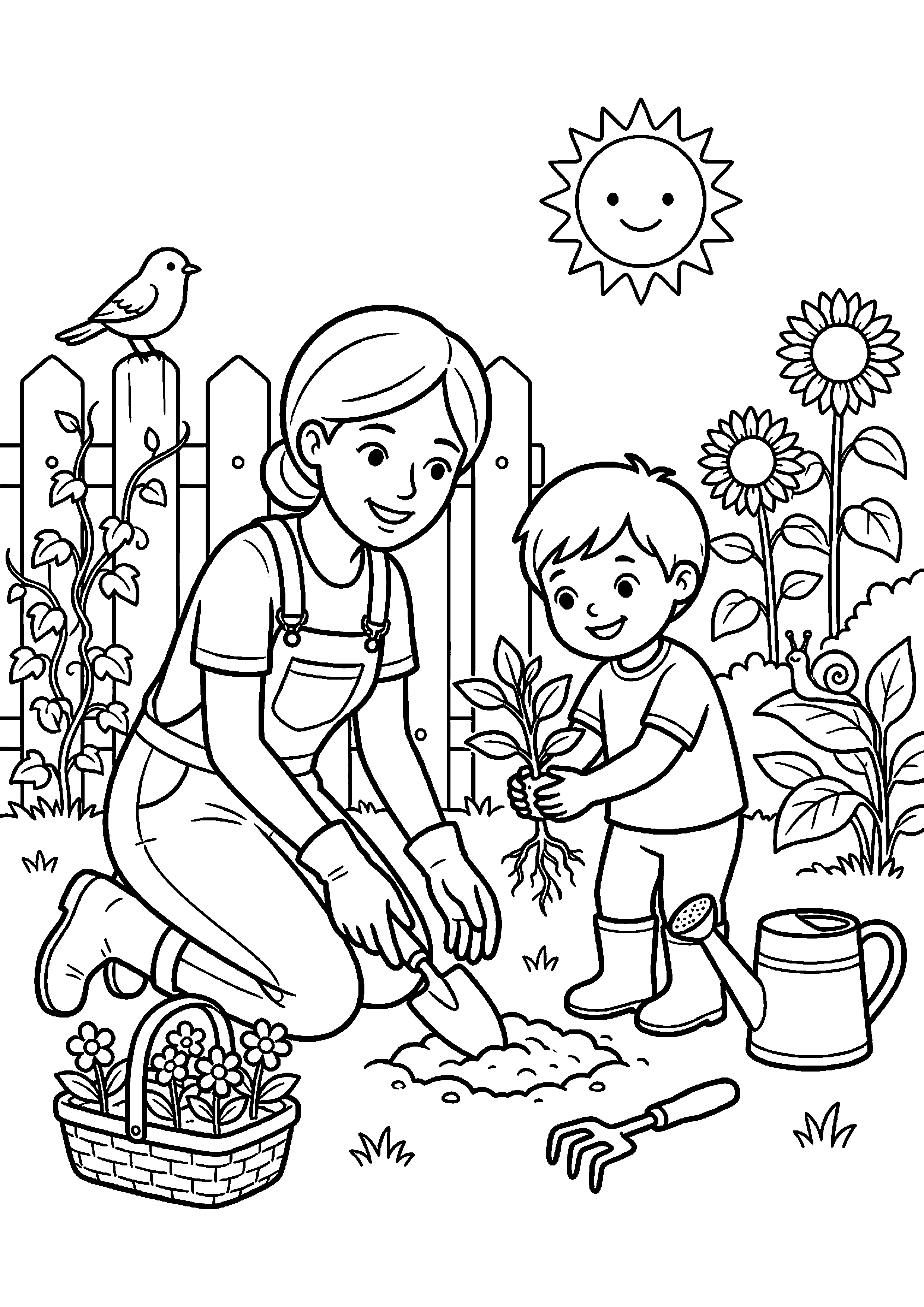 Kind helpt moeder in tuin kleurplaat — gratis kleurplaat printen