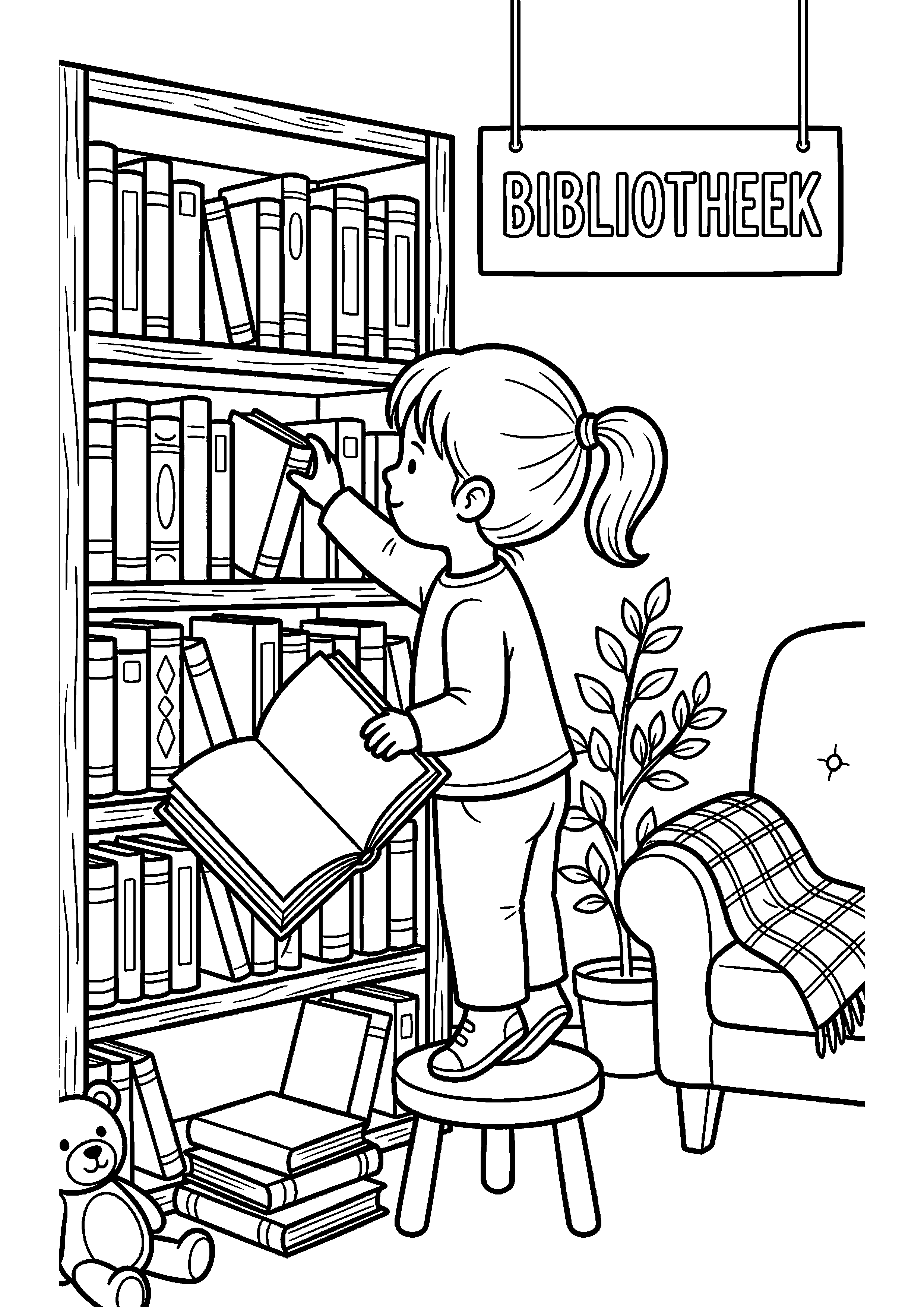 Kind kiest boek in bibliotheek kleurplaat — gratis kleurplaat printen