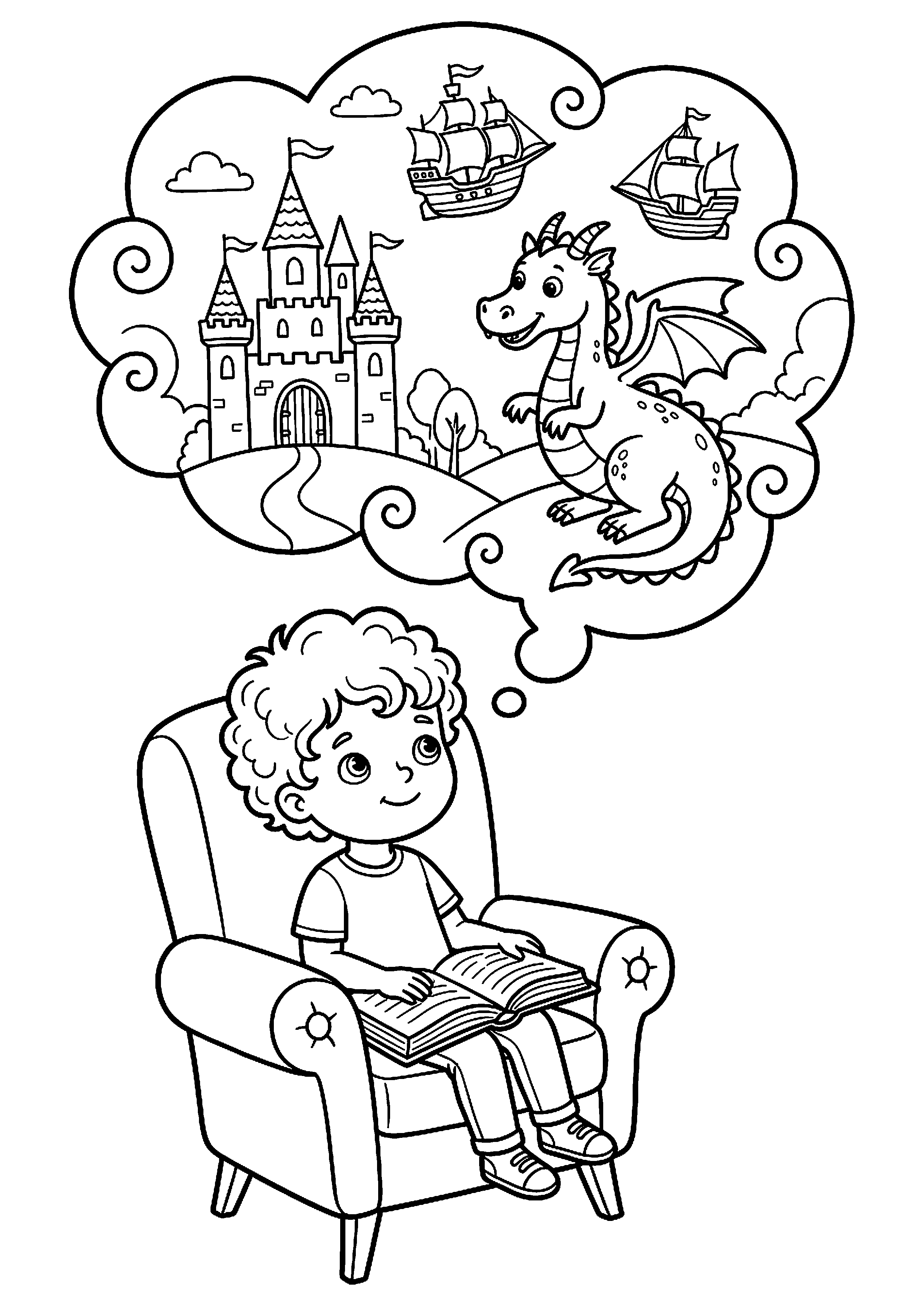 Kind leest boek en droomt van fantasiewereld kleurplaat — gratis kleurplaat printen