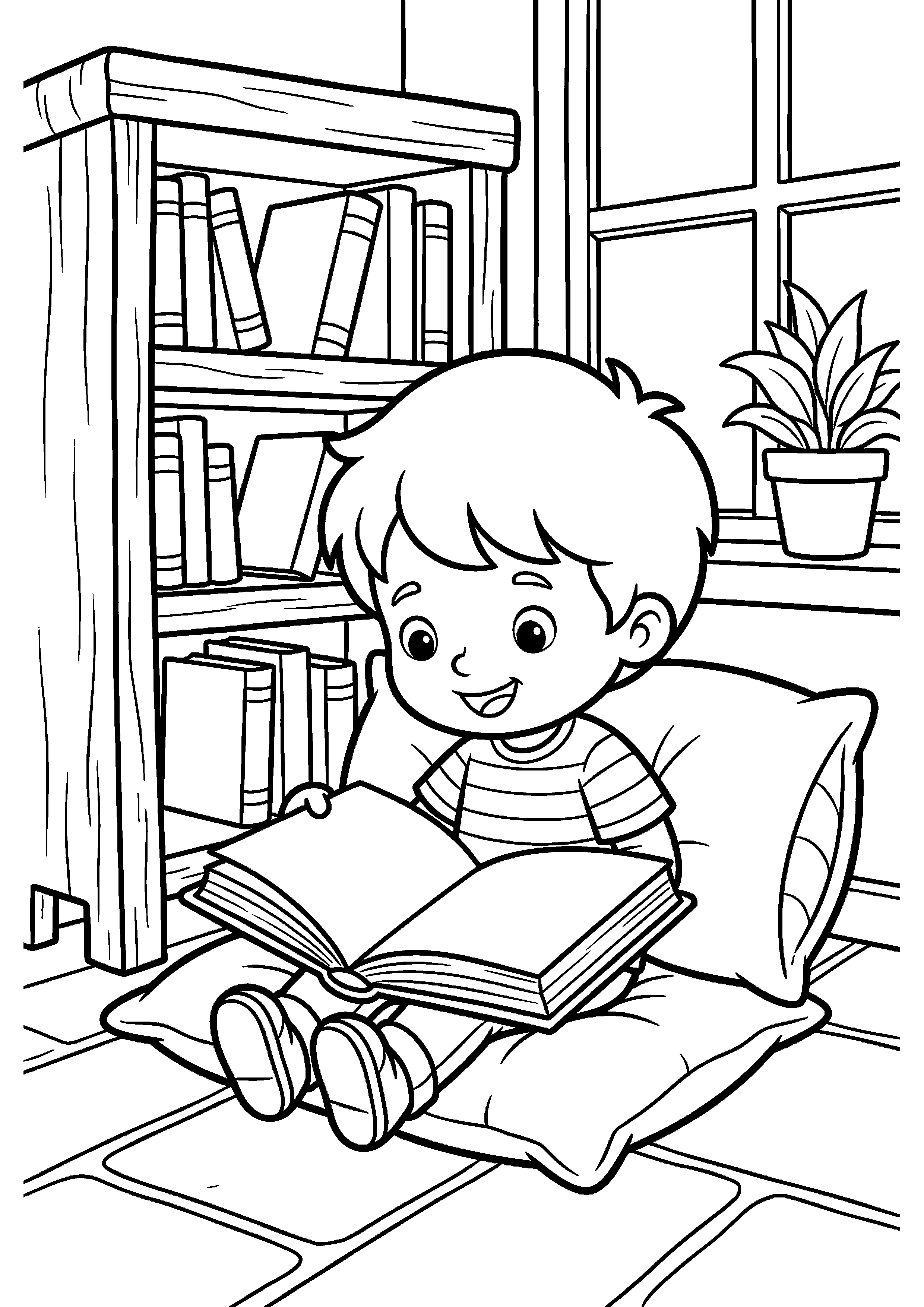 Kind leest boek in bibliotheek kleurplaat — gratis kleurplaat printen