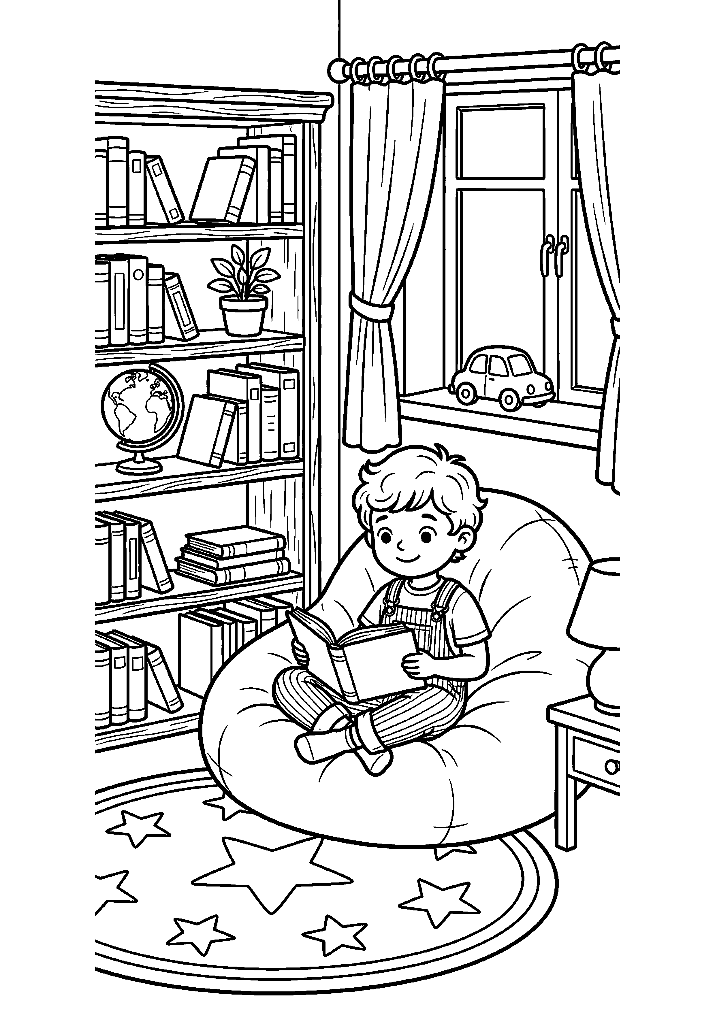 Kind leest boek in leeshoek kleurplaat — gratis kleurplaat printen