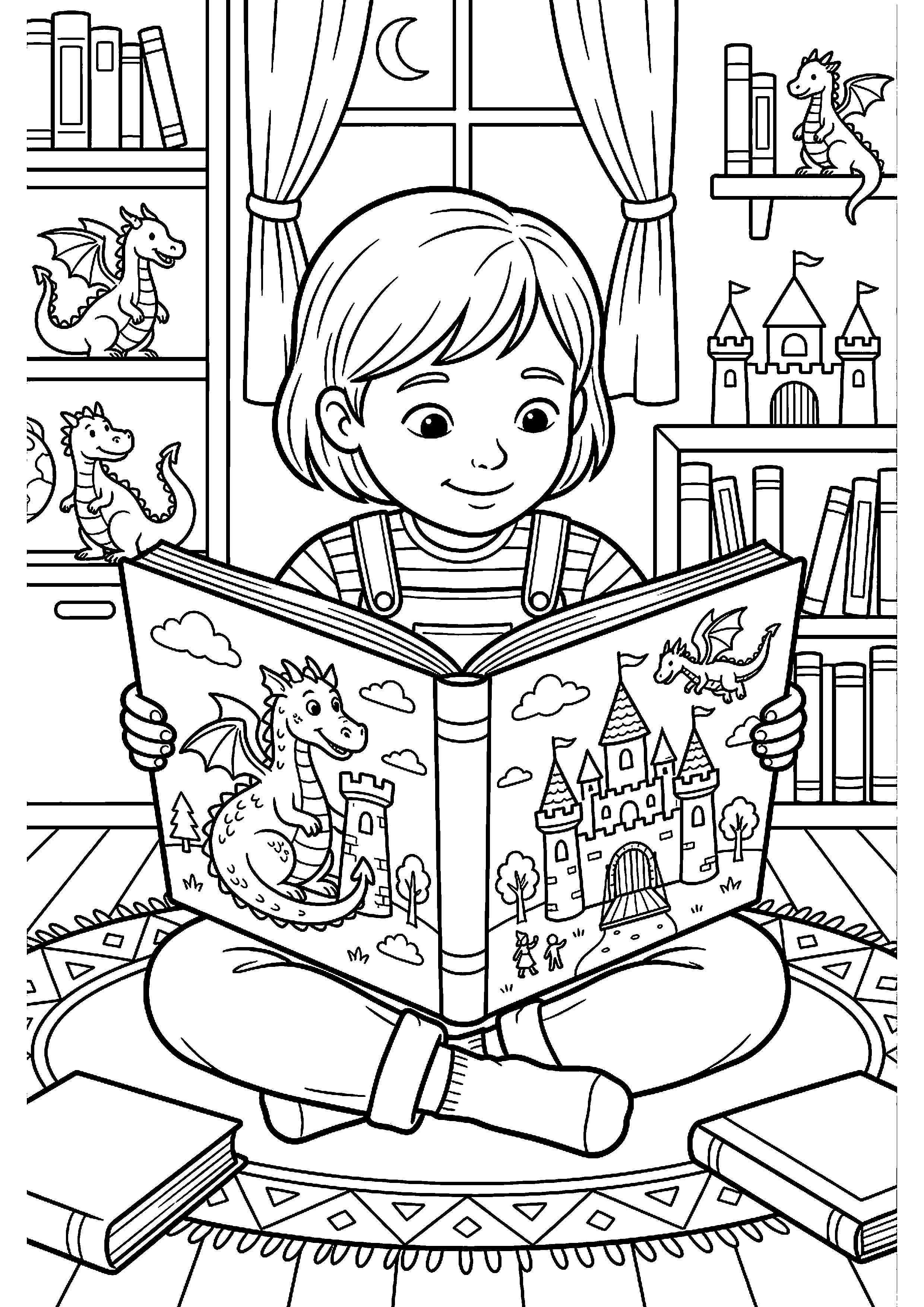 Kind leest boek met kastelen en draken kleurplaat — gratis kleurplaat printen