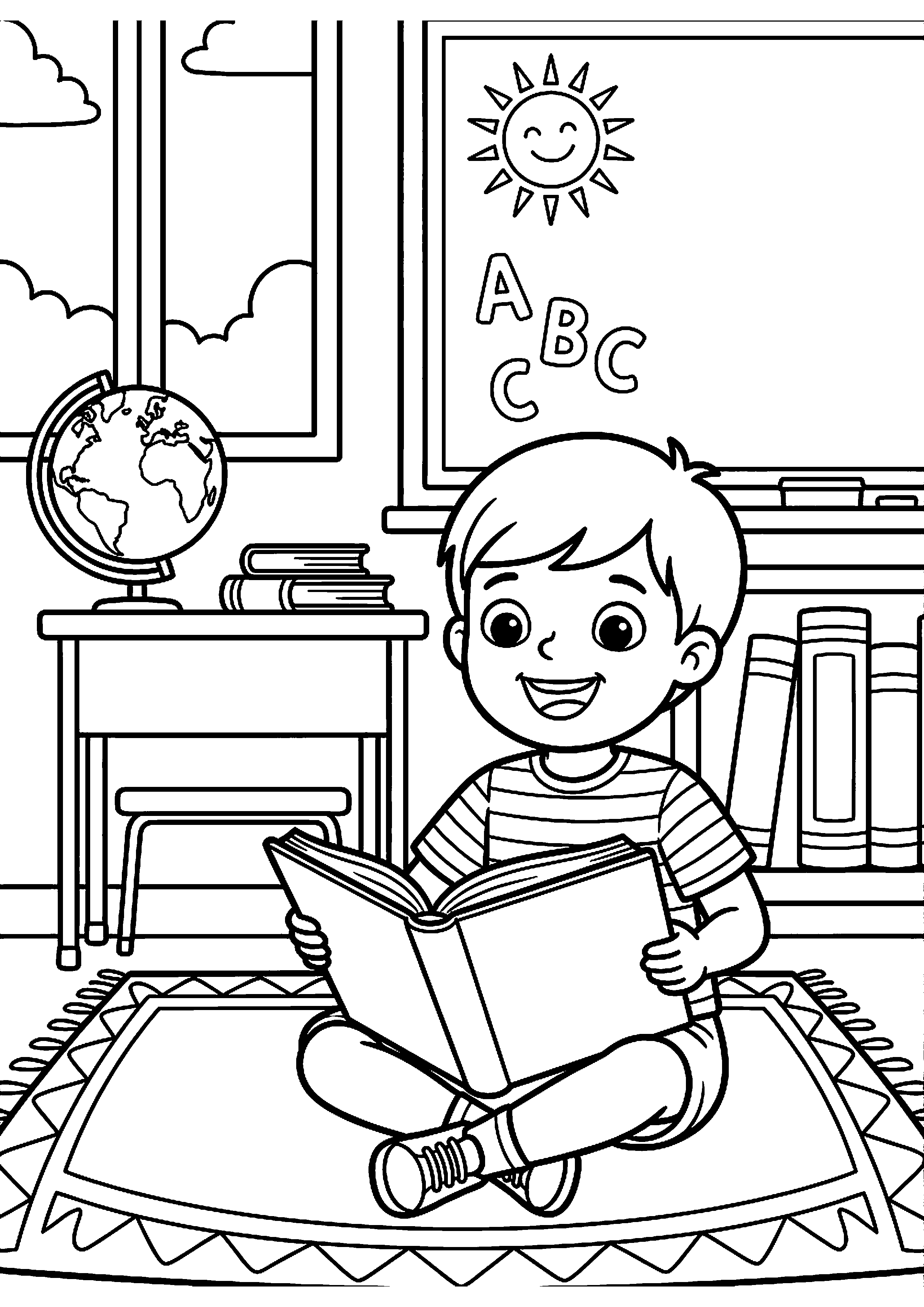 Kind leest boek op school kleurplaat — gratis kleurplaat printen