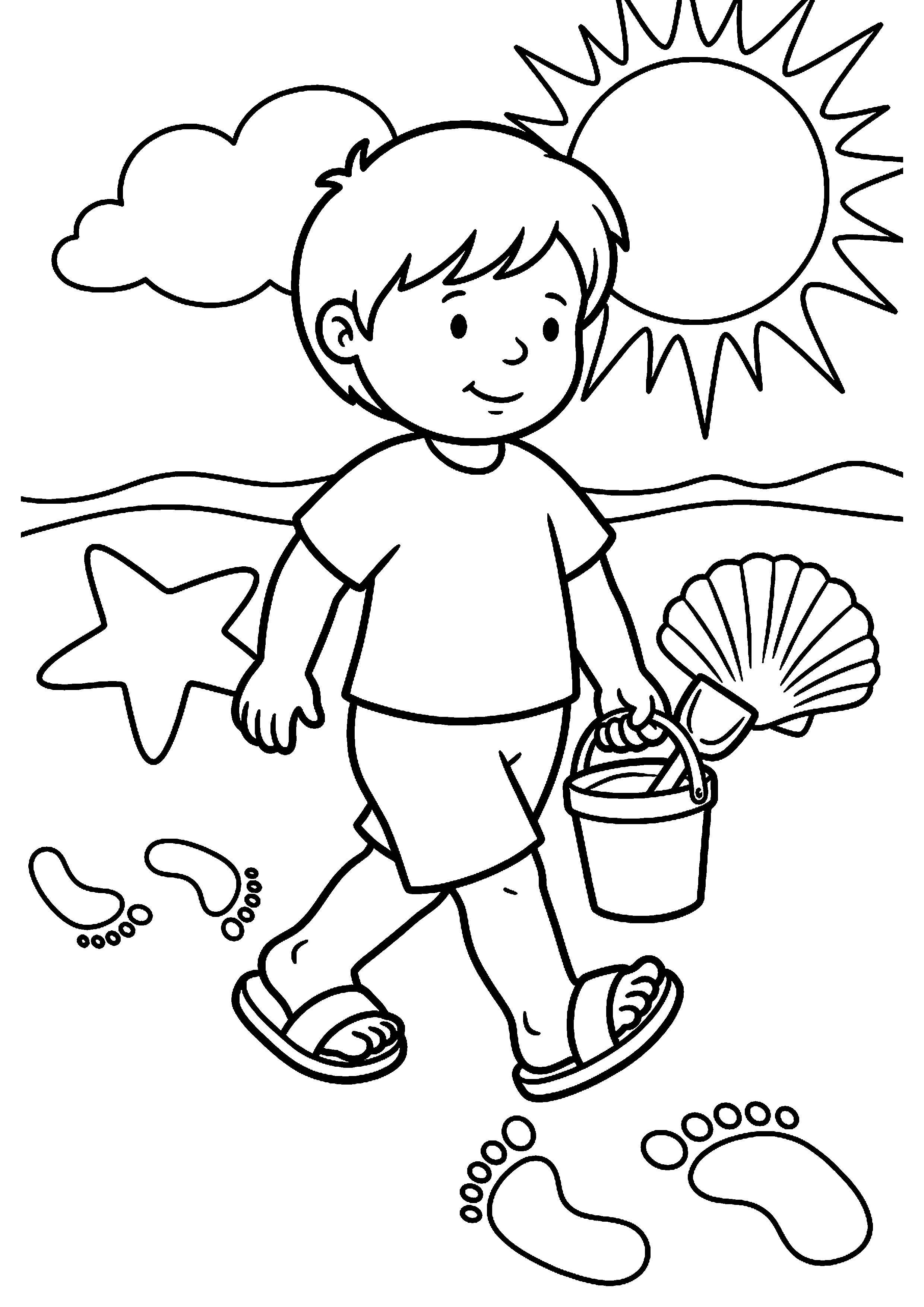 Kind loopt met slippers op strand kleurplaat — gratis kleurplaat printen
