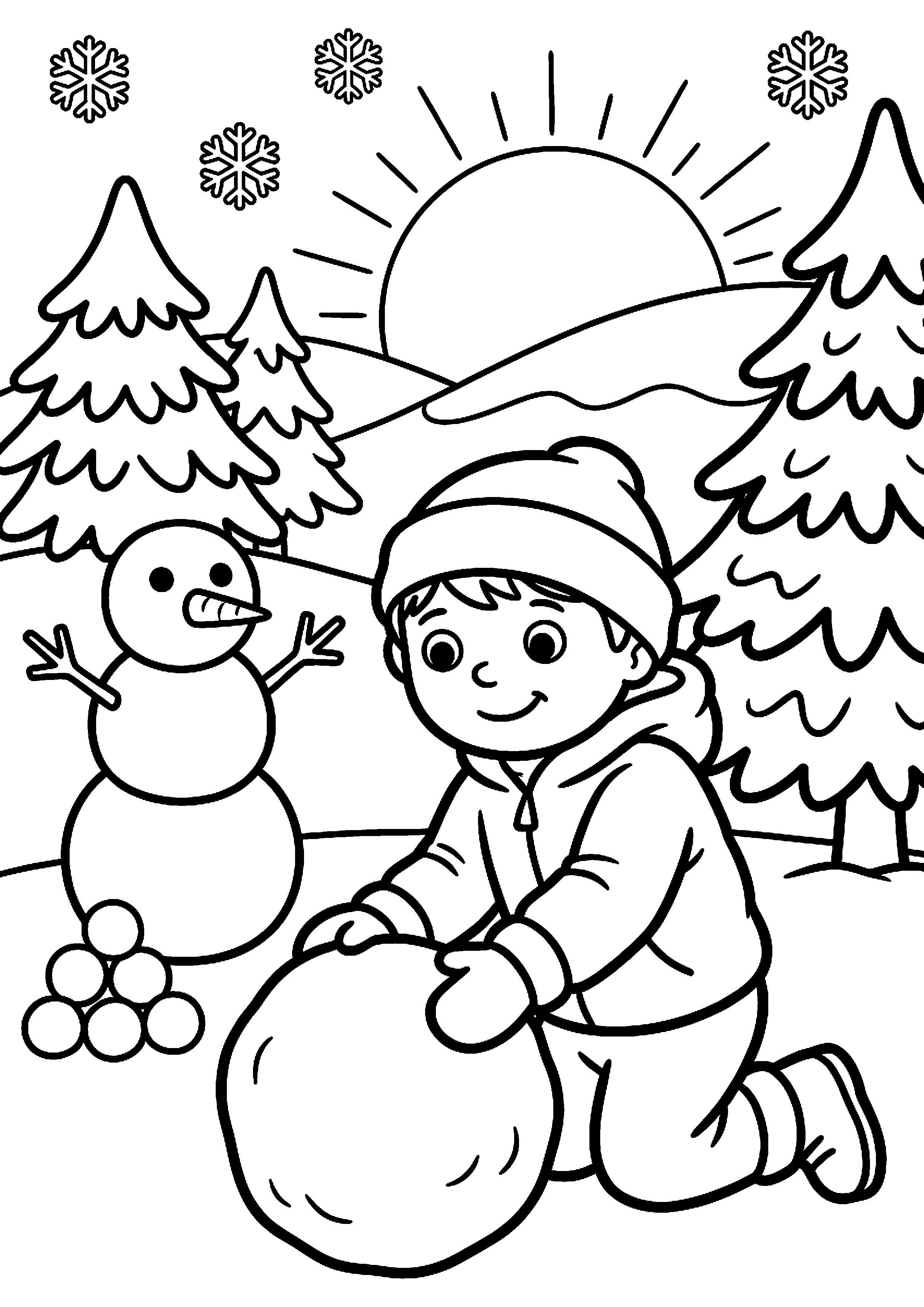 Kind maakt sneeuwbal kleurplaat — gratis kleurplaat