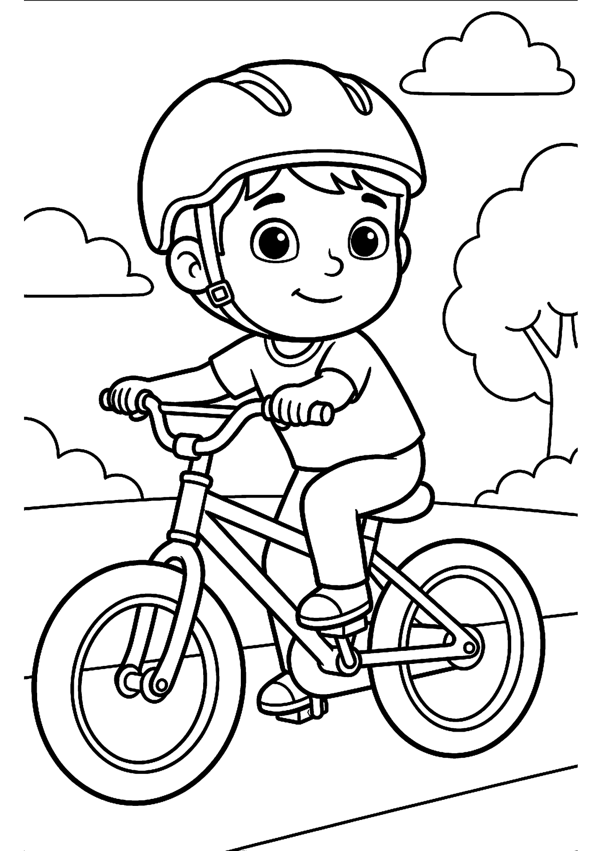 Kind met helm op fiets kleurplaat — gratis kleurplaat