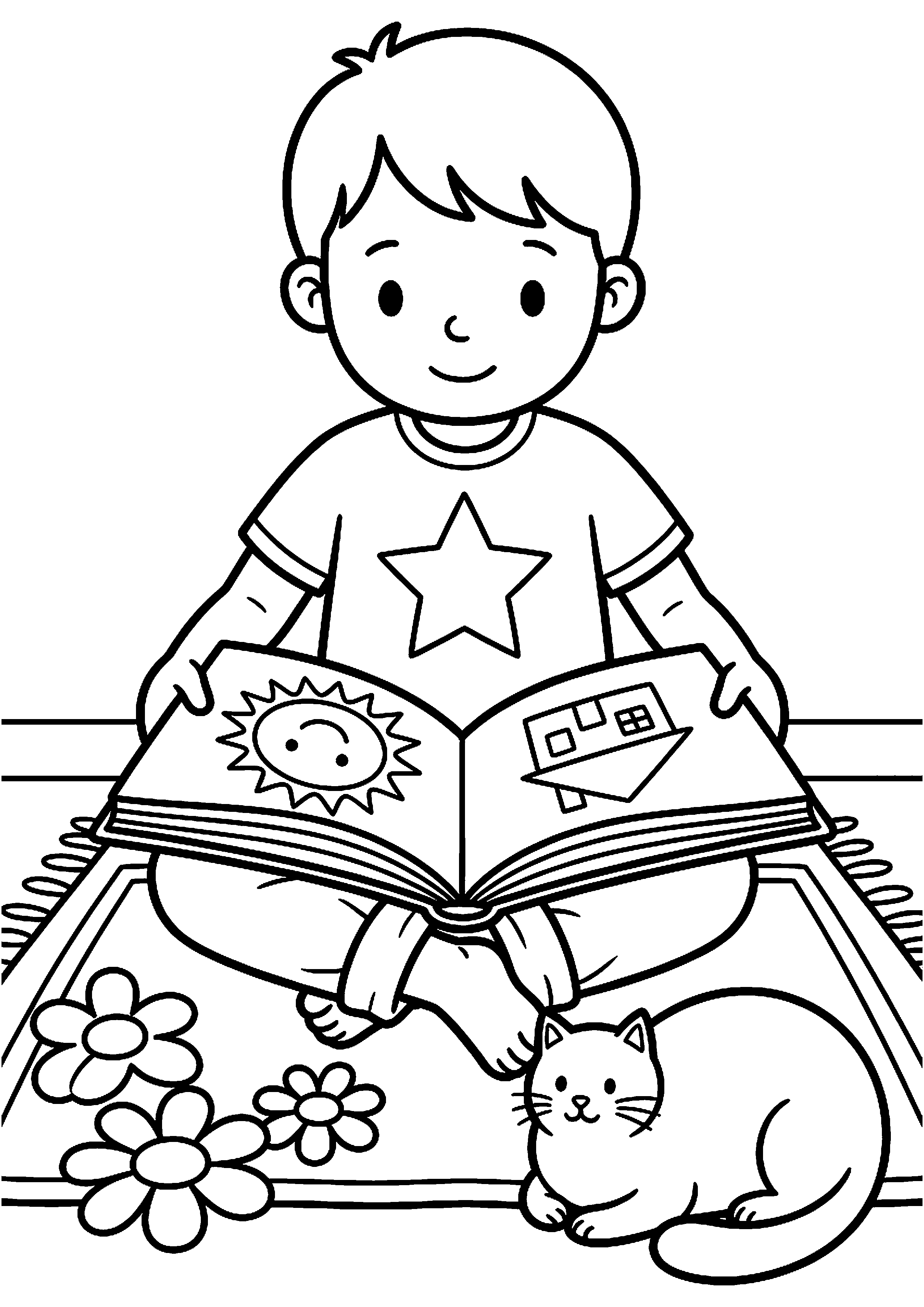 Kind met open boek kleurplaat — gratis kleurplaat printen