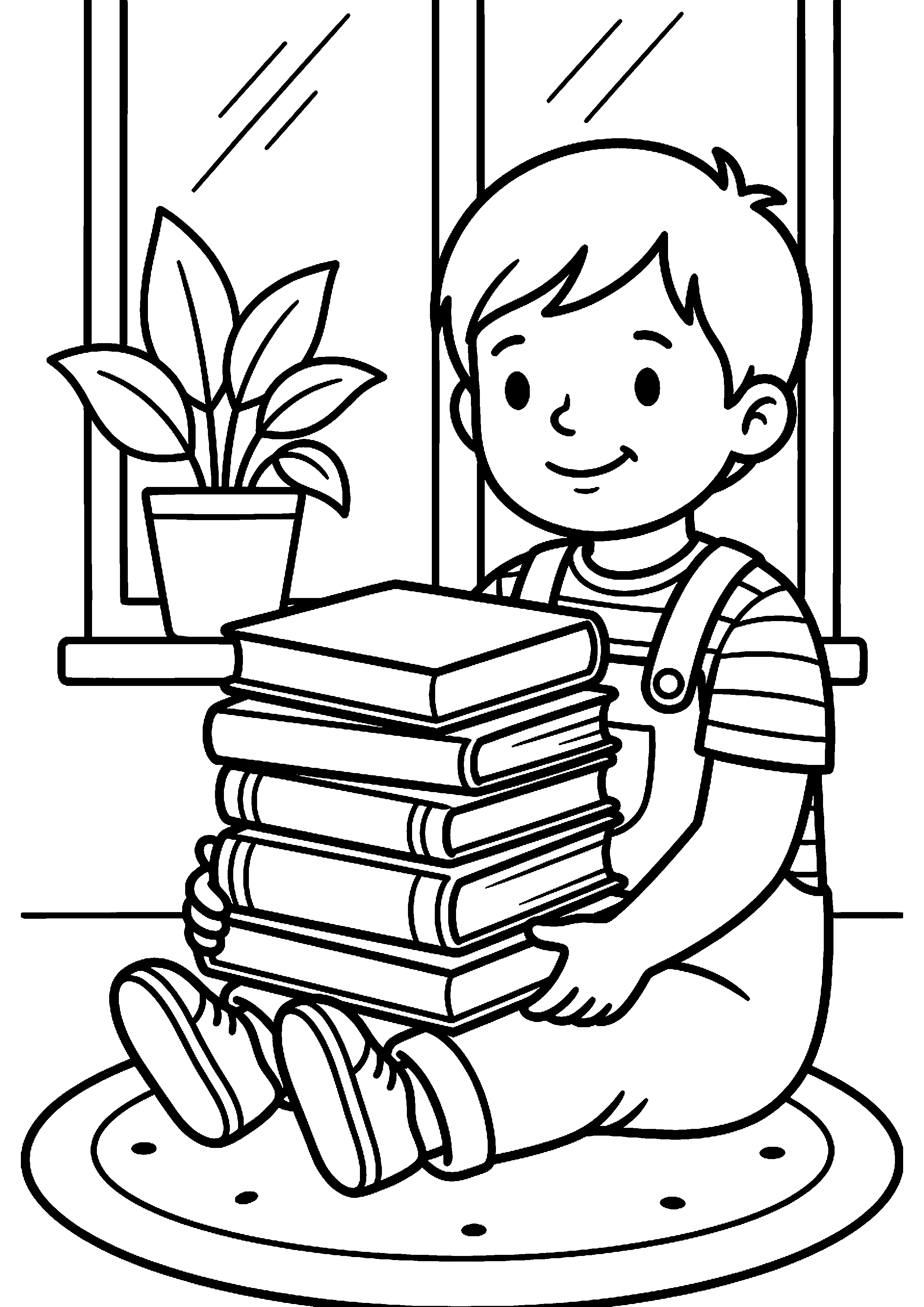 Kind met stapel boeken kleurplaat — gratis kleurplaat printen