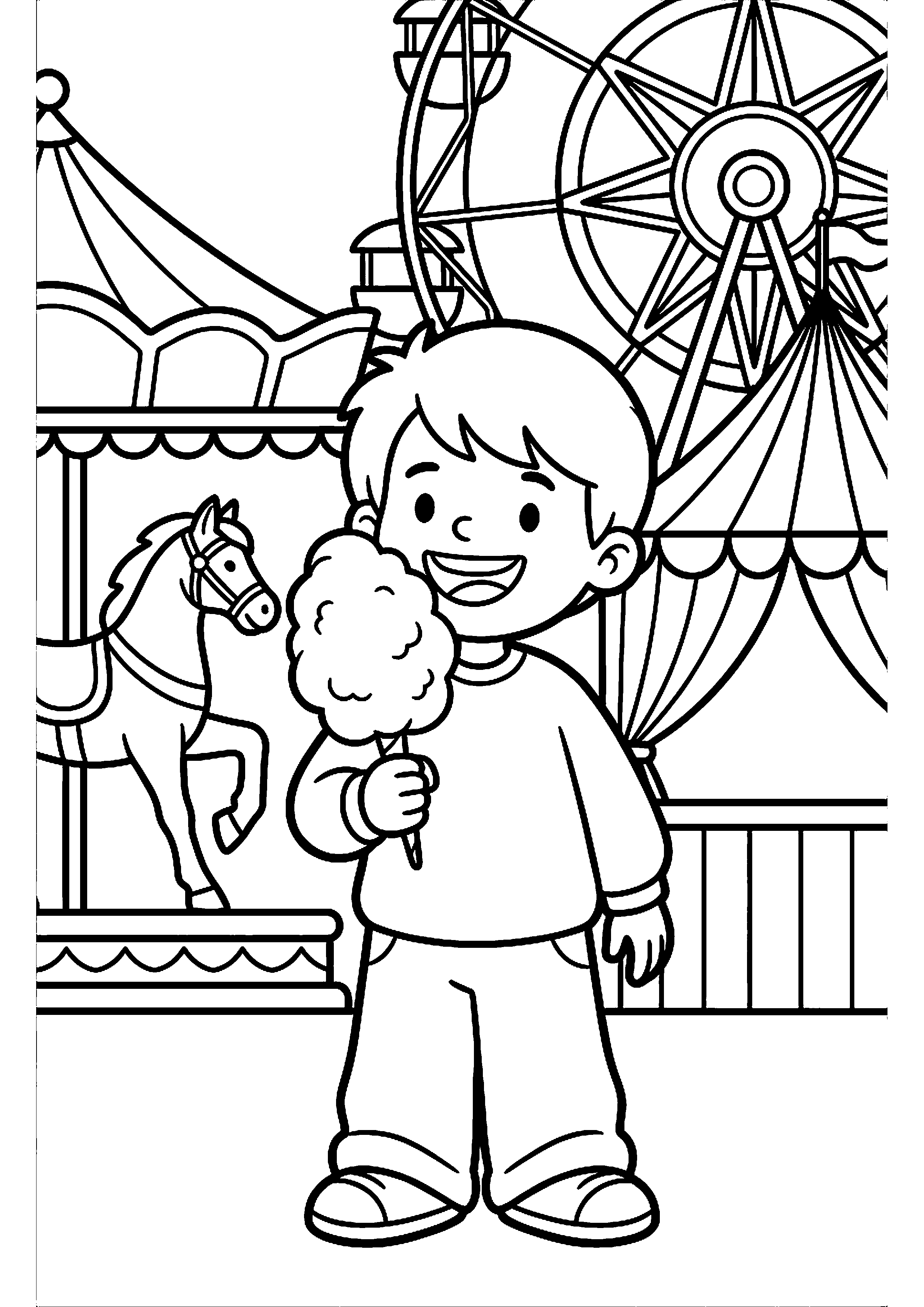 Kind met suikerspin op kermis kleurplaat — gratis kleurplaat