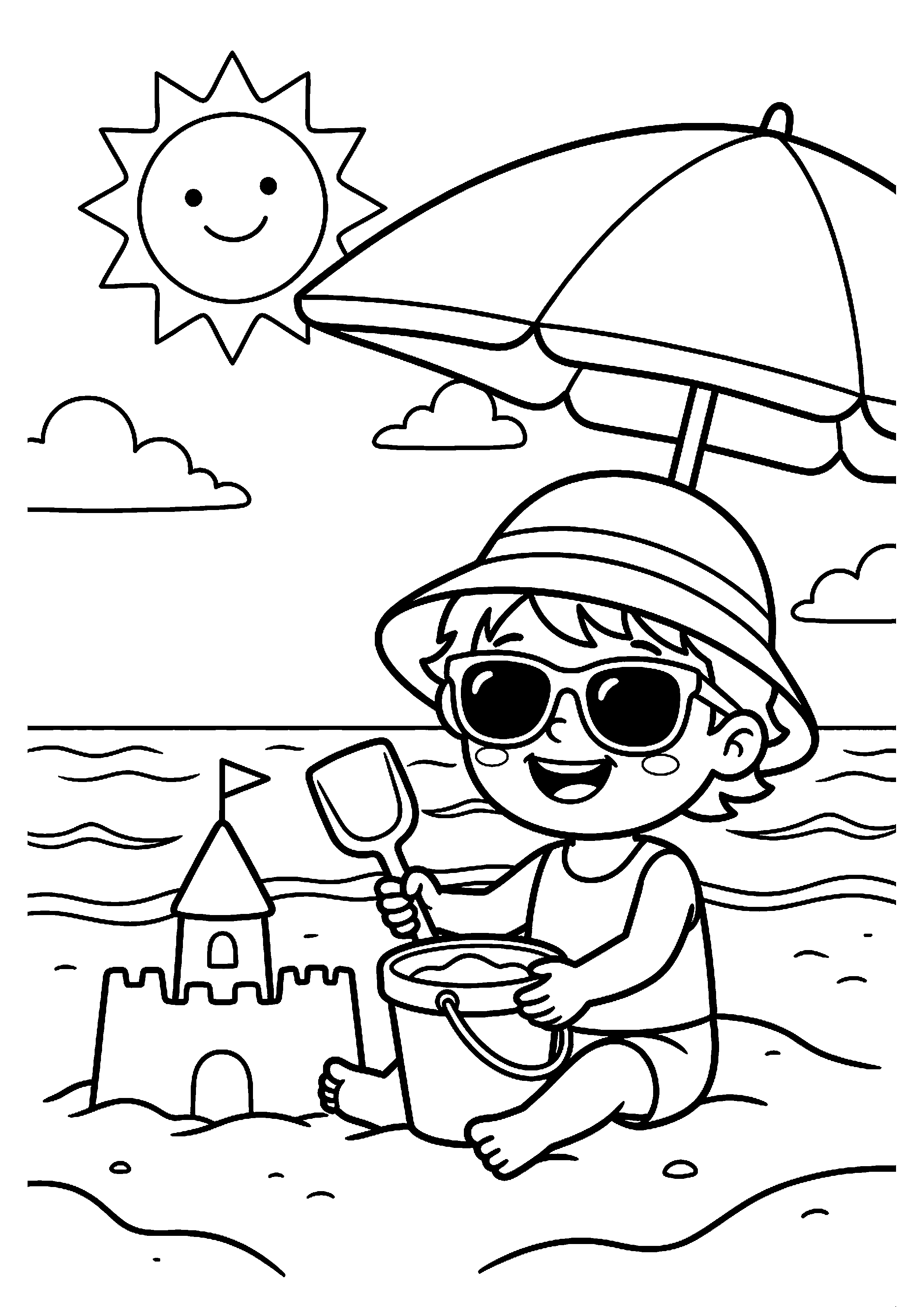 Kind met zonnebril op strand kleurplaat — gratis kleurplaat printen