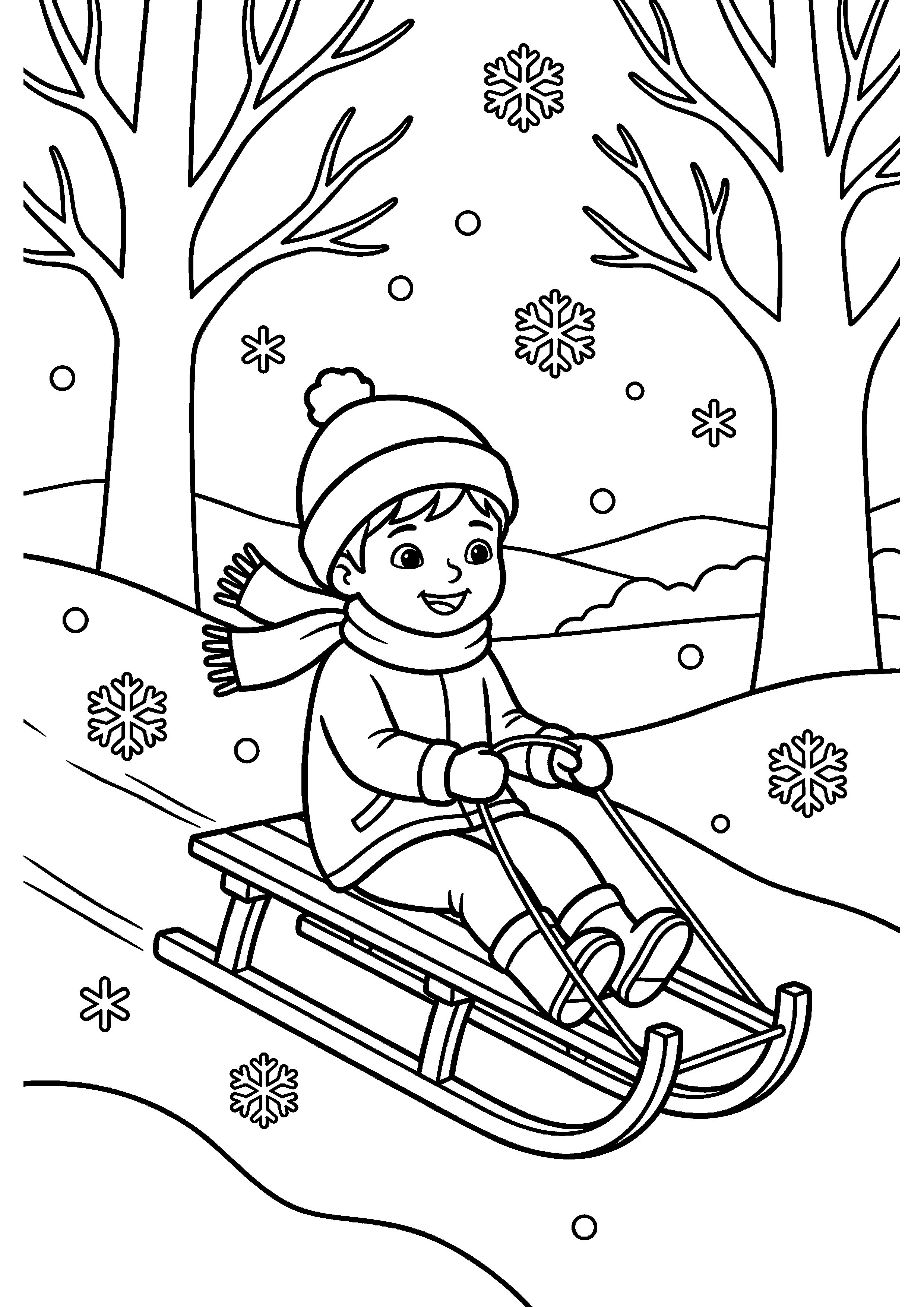Kind op slee kleurplaat — gratis kleurplaat printen