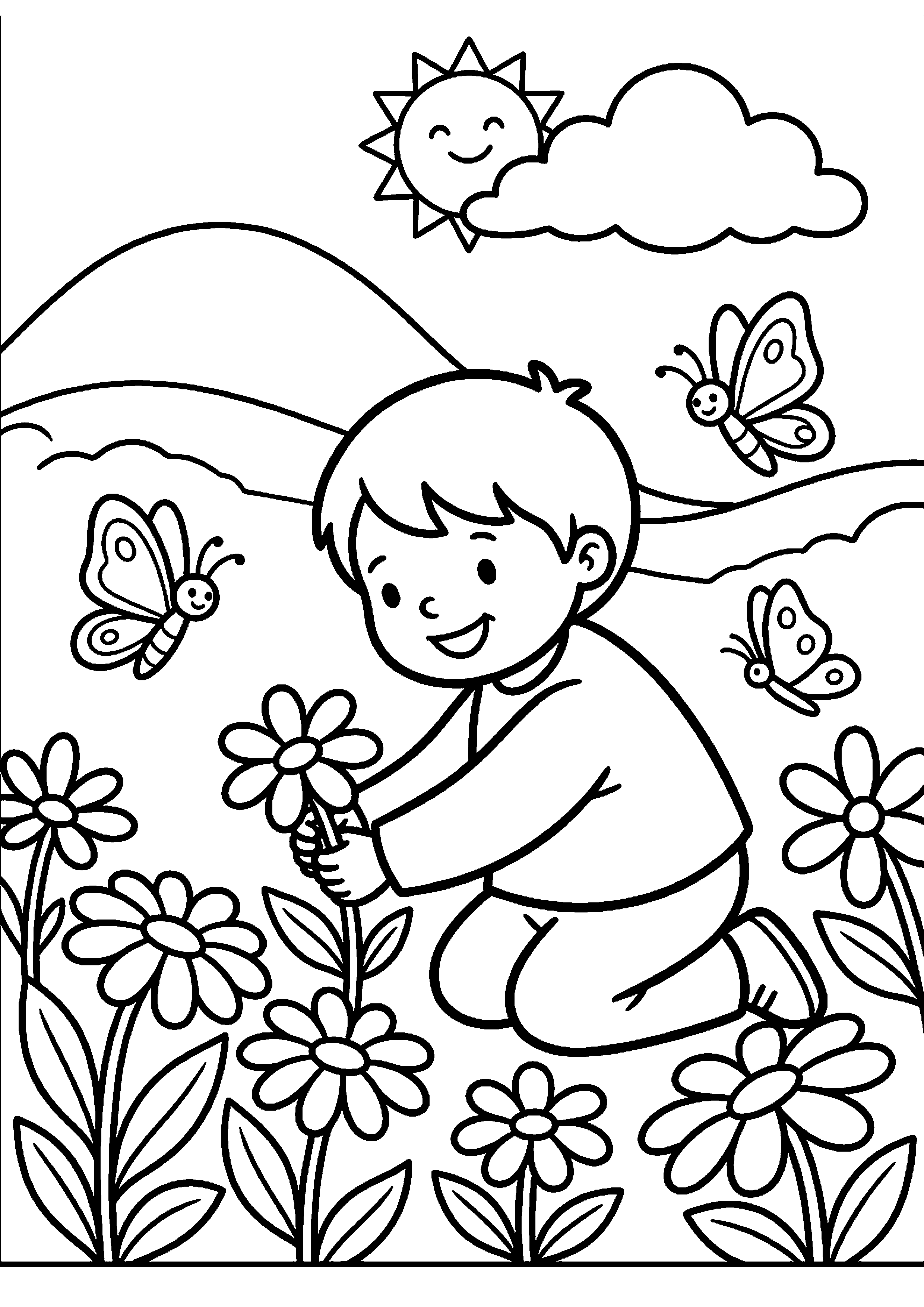 Kind plukt bloemen kleurplaat — gratis kleurplaat printen