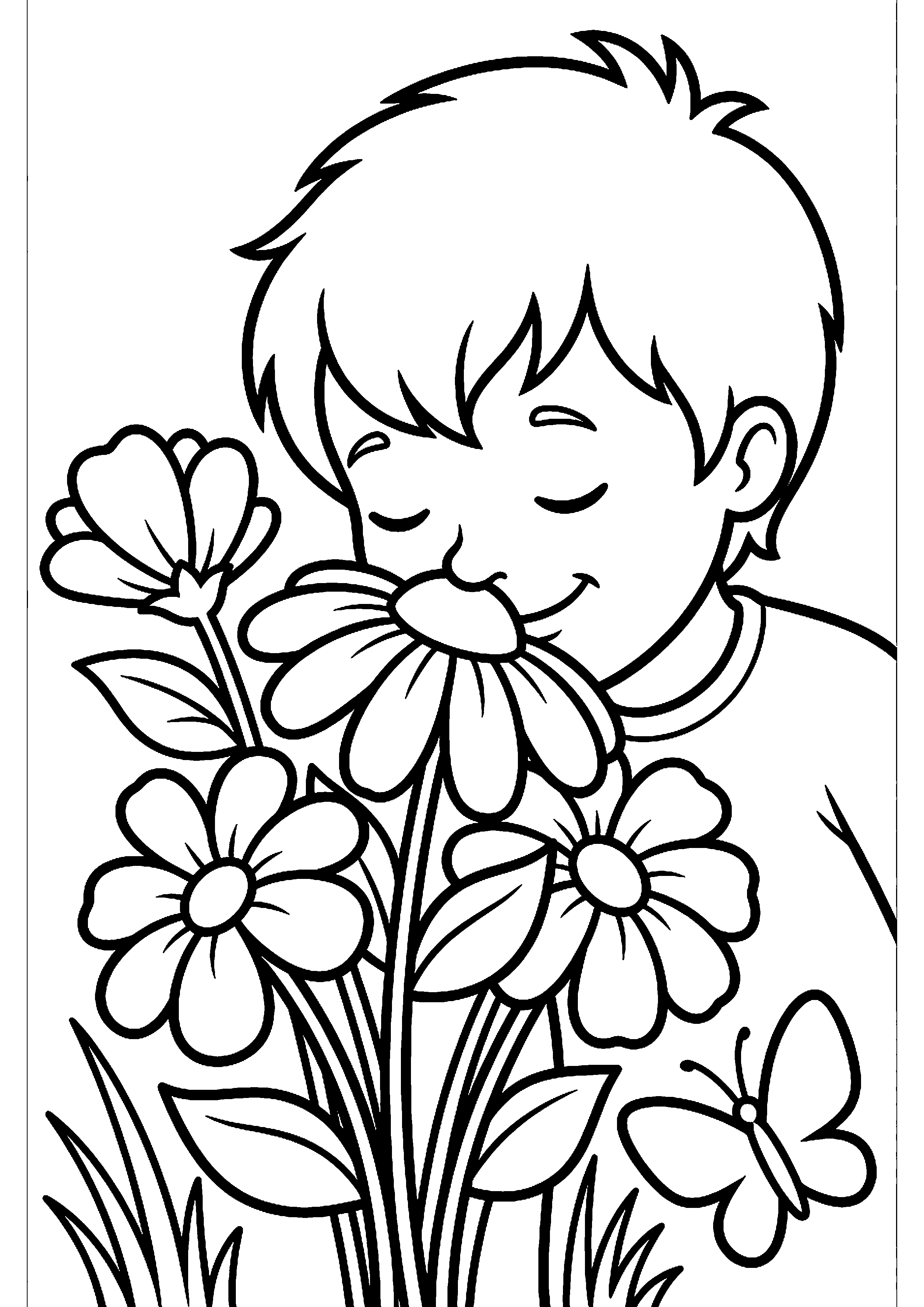 Kind ruikt aan bloemen kleurplaat — gratis kleurplaat printen