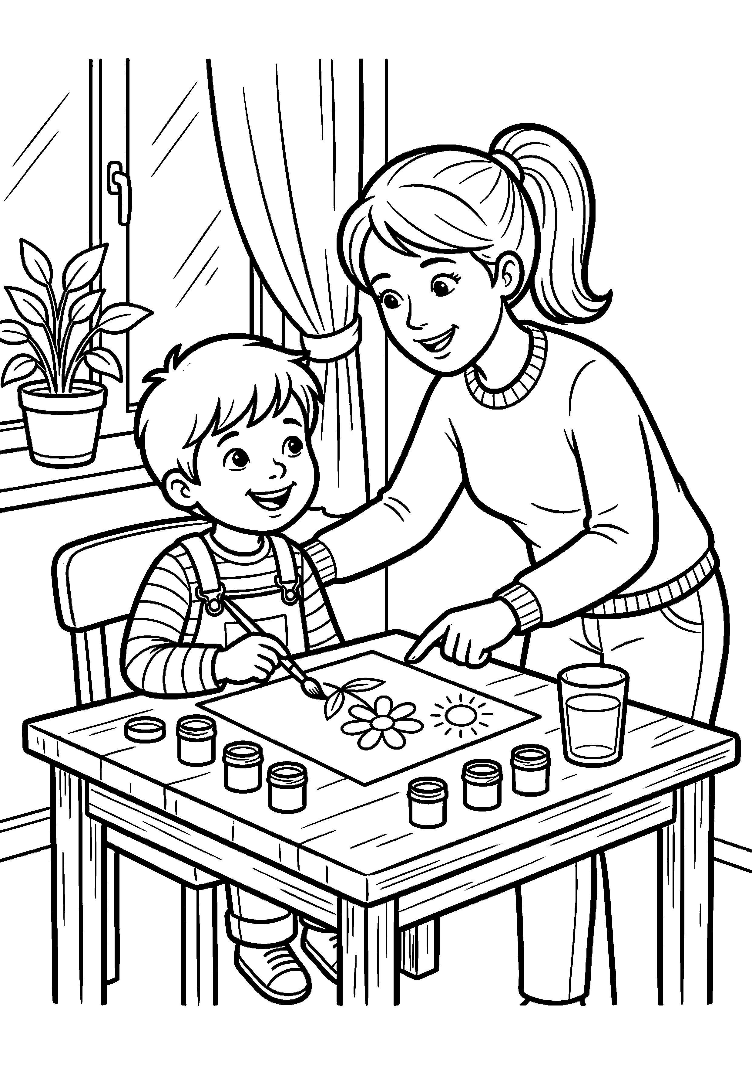 Kind schildert tekening voor moeder kleurplaat — gratis kleurplaat printen