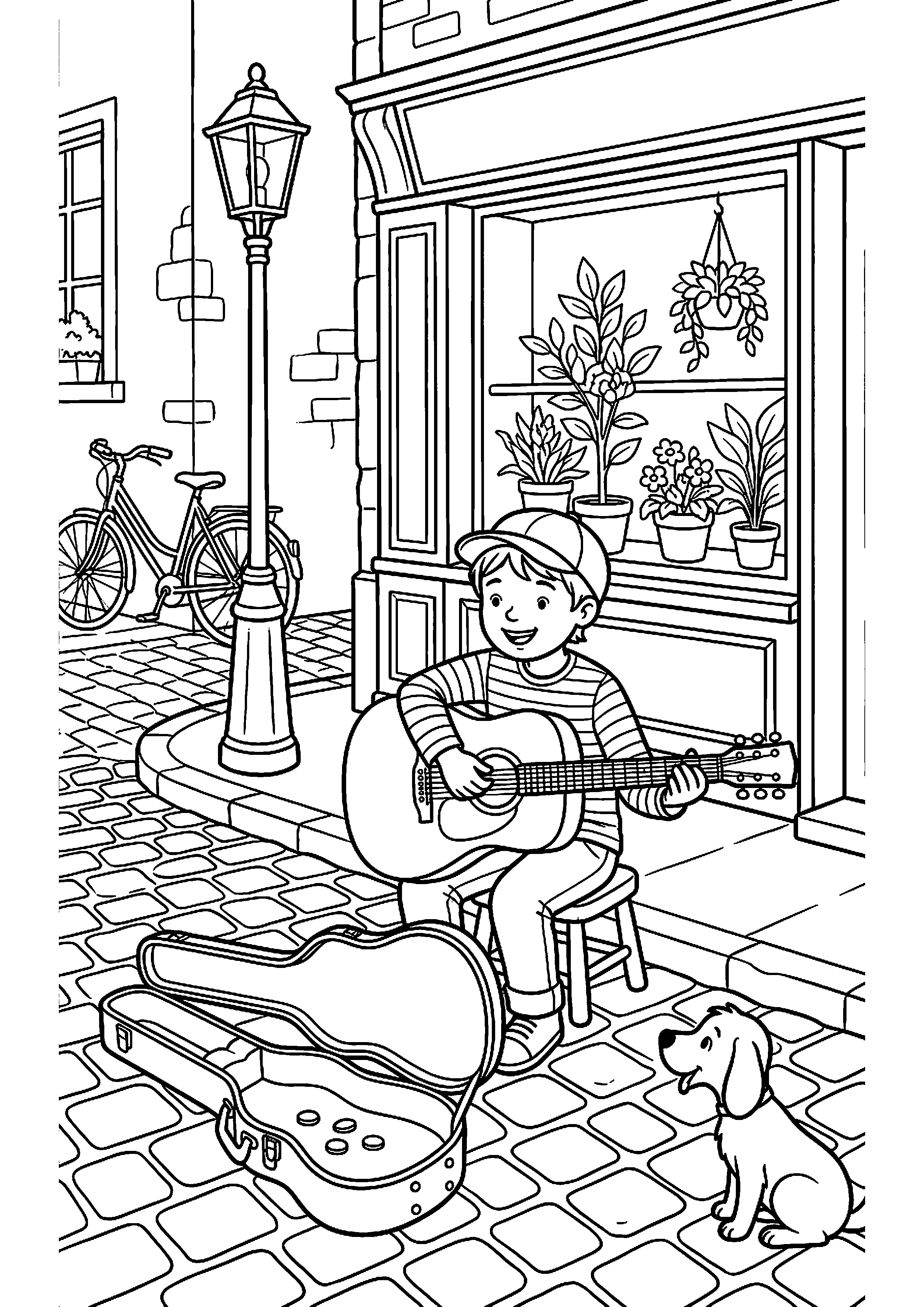 Kind speelt gitaar op straat kleurplaat — gratis kleurplaat printen