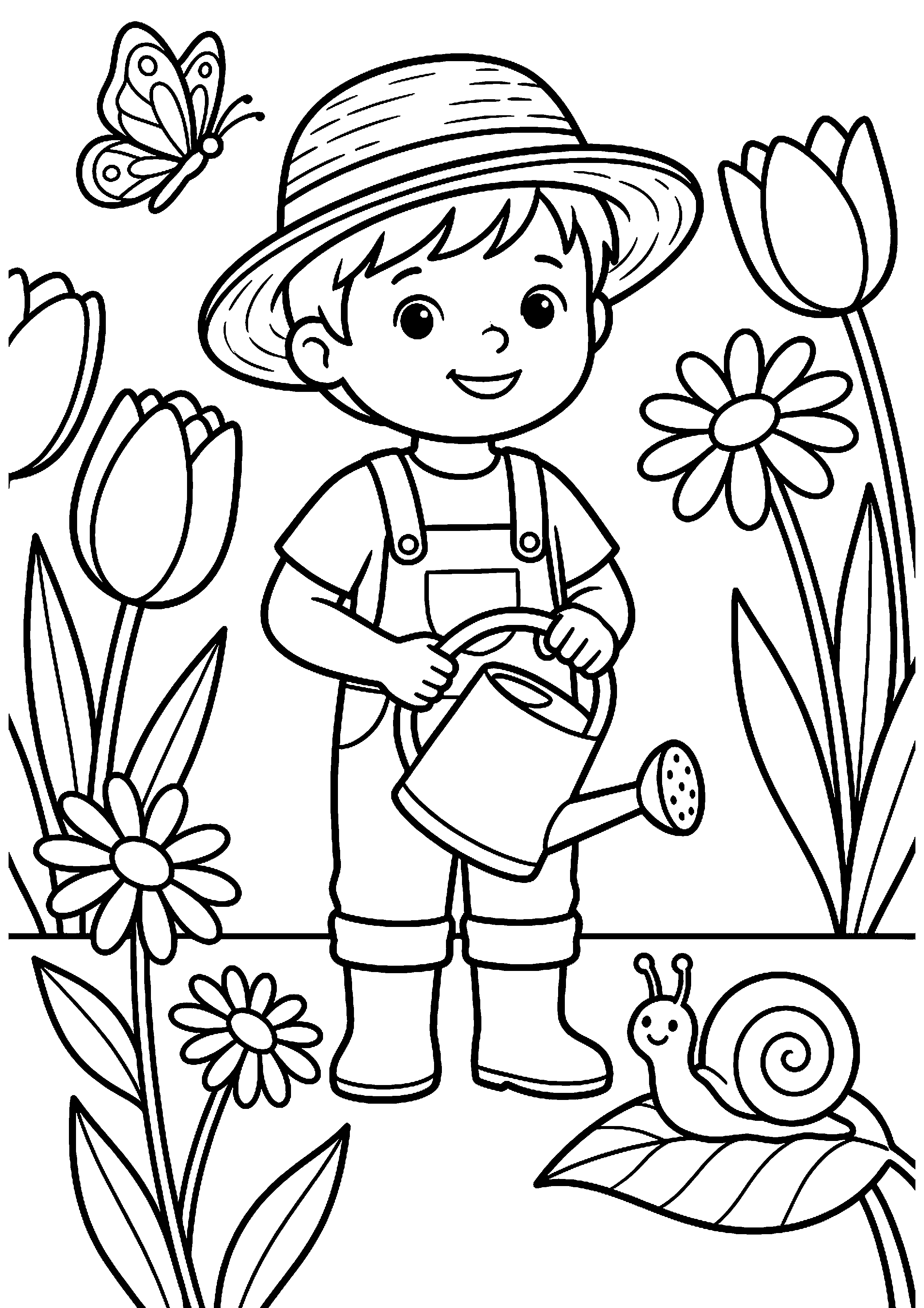 Kind speelt in lentetuin kleurplaat — gratis kleurplaat printen